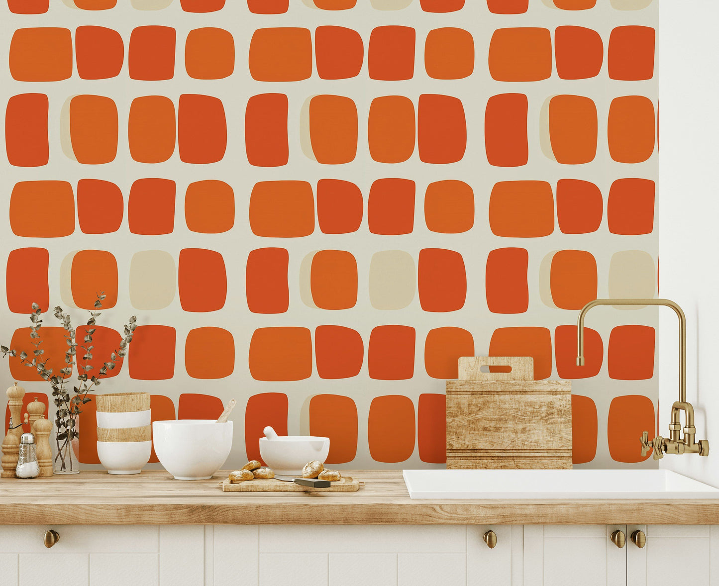 Retro Orange Squares Wallpaper Mid-Century Modern Wall Mural