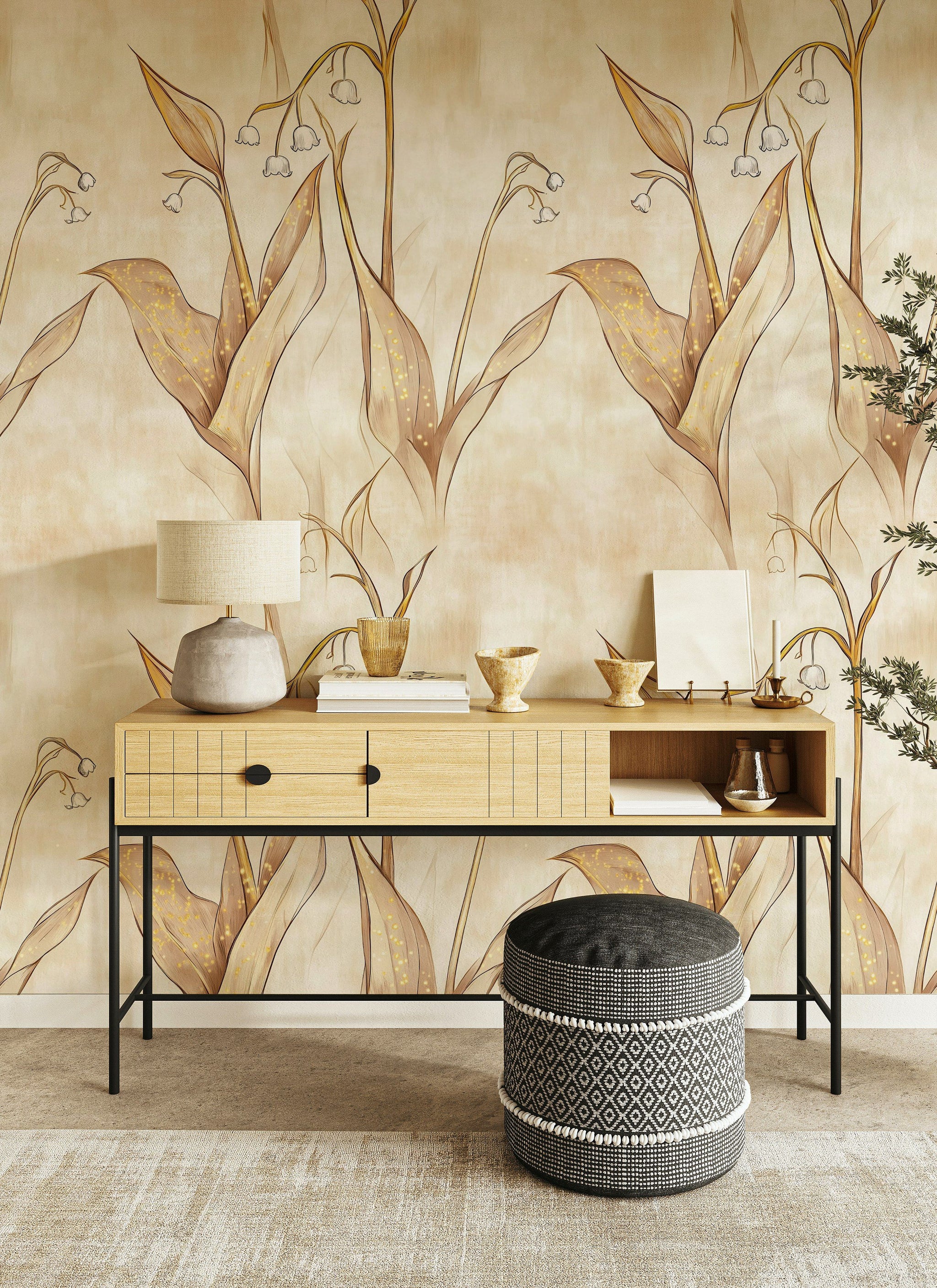 Beige and Brown Large Leaf Botanical Wallpaper