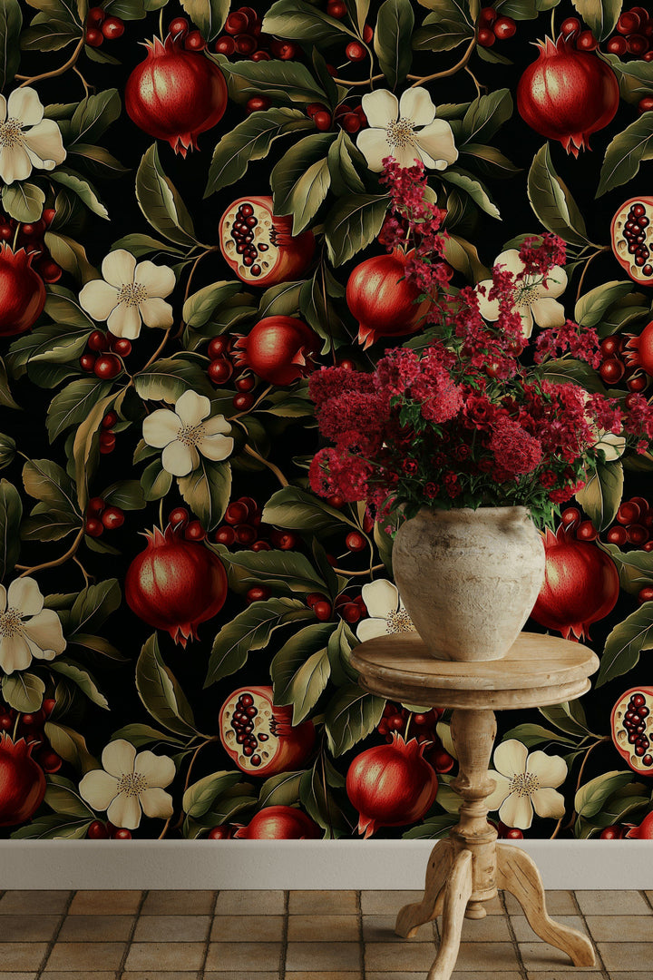 Rich Burgundy Pomegranate Floral Wallpaper