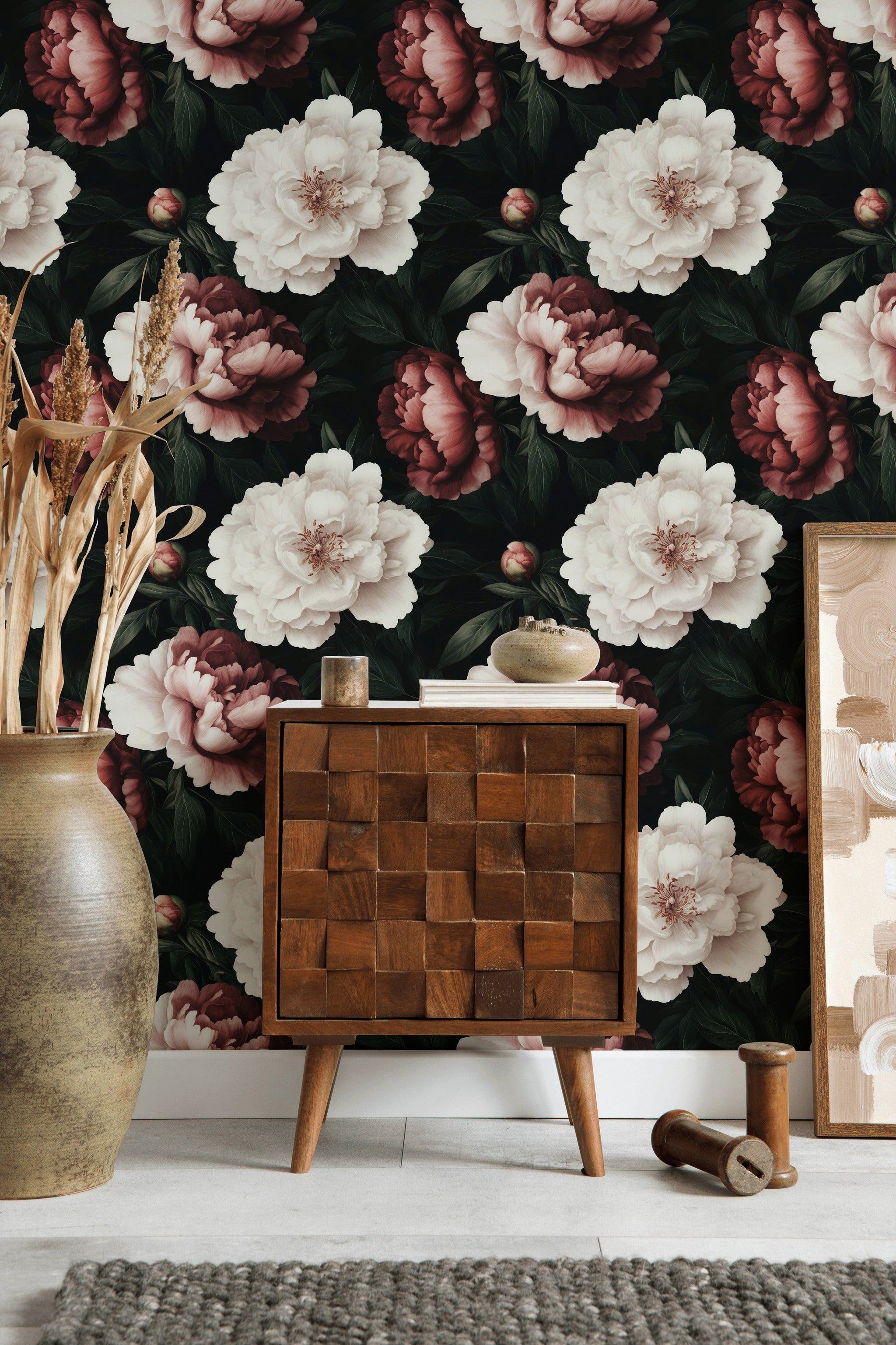 Black Dramatic Burgundy Peony Floral Wallpaper