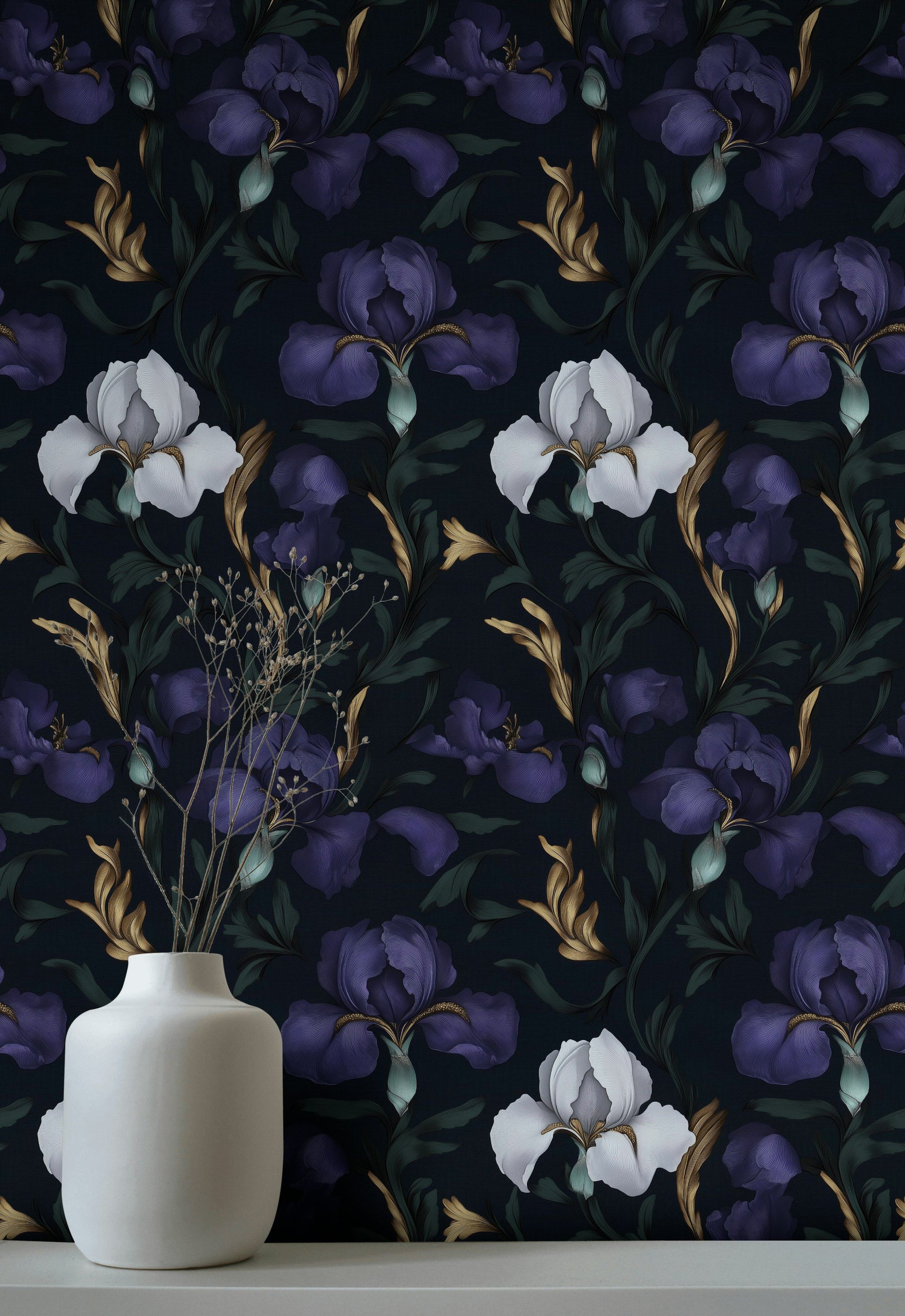 Midnight Purple Iris Large Floral Wallpaper
