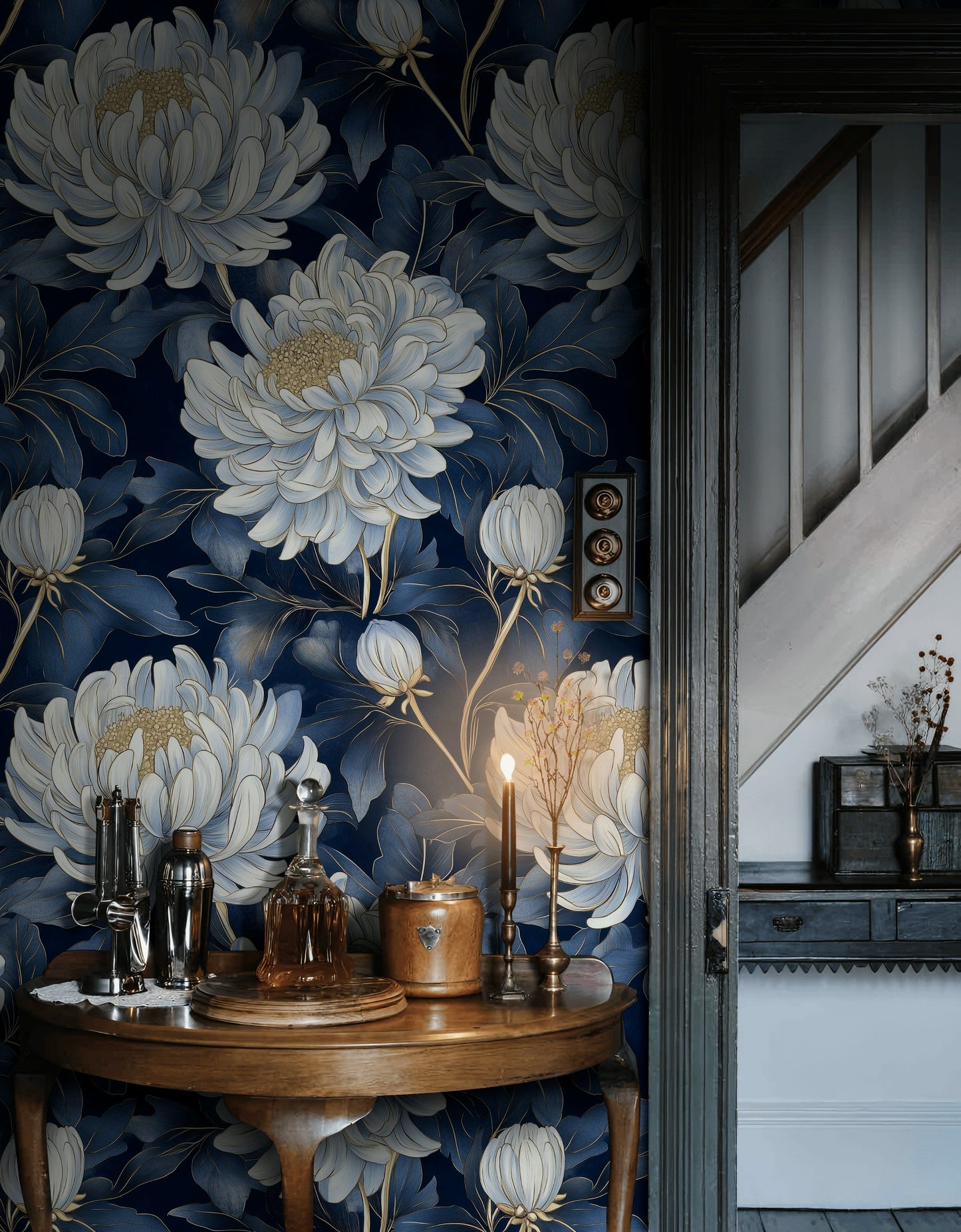 Blue Chrysanthemum Floral Wallpaper Navy and Gold Wall Mural