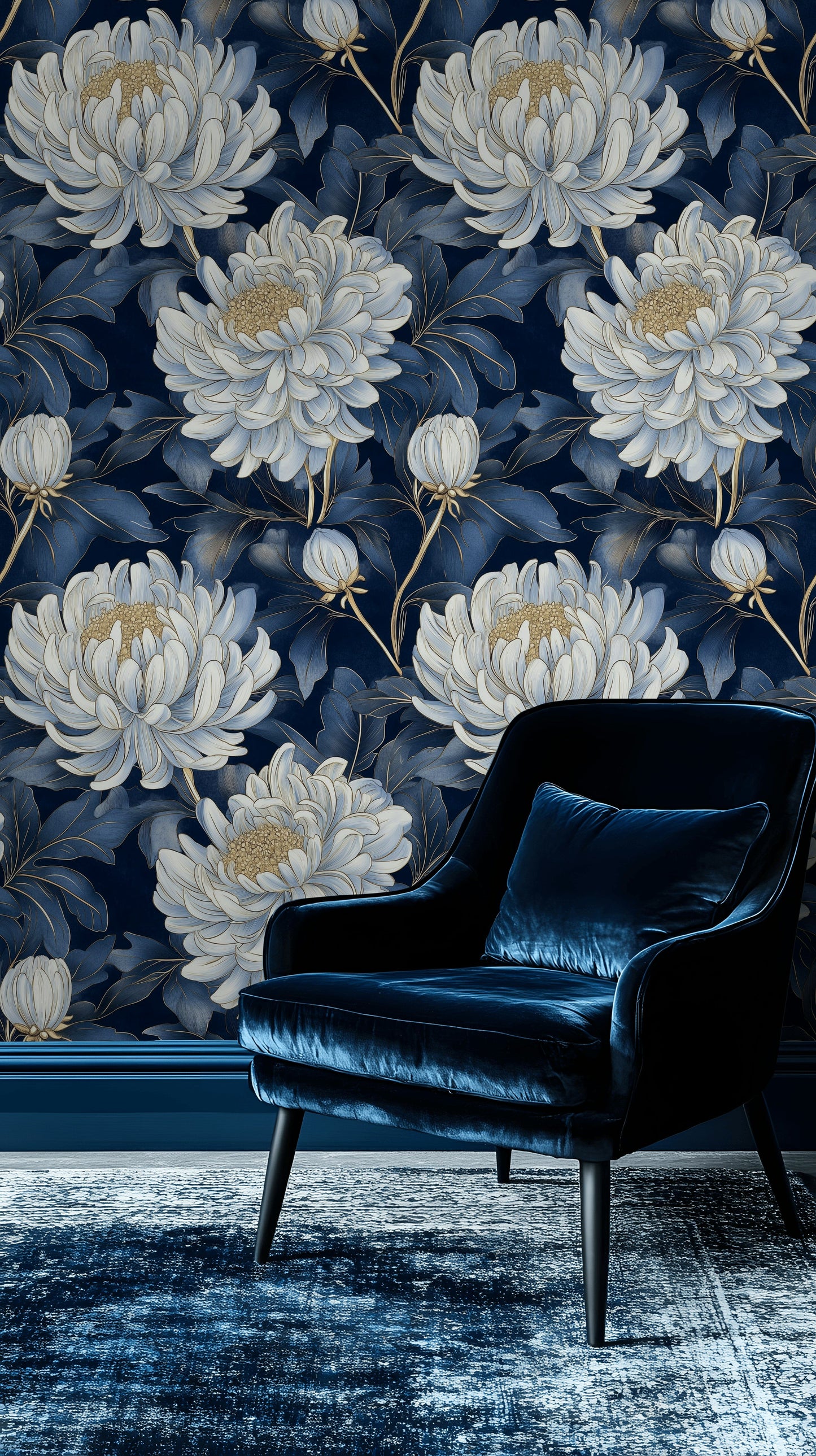 Blue Chrysanthemum Floral Wallpaper Navy and Gold Wall Mural