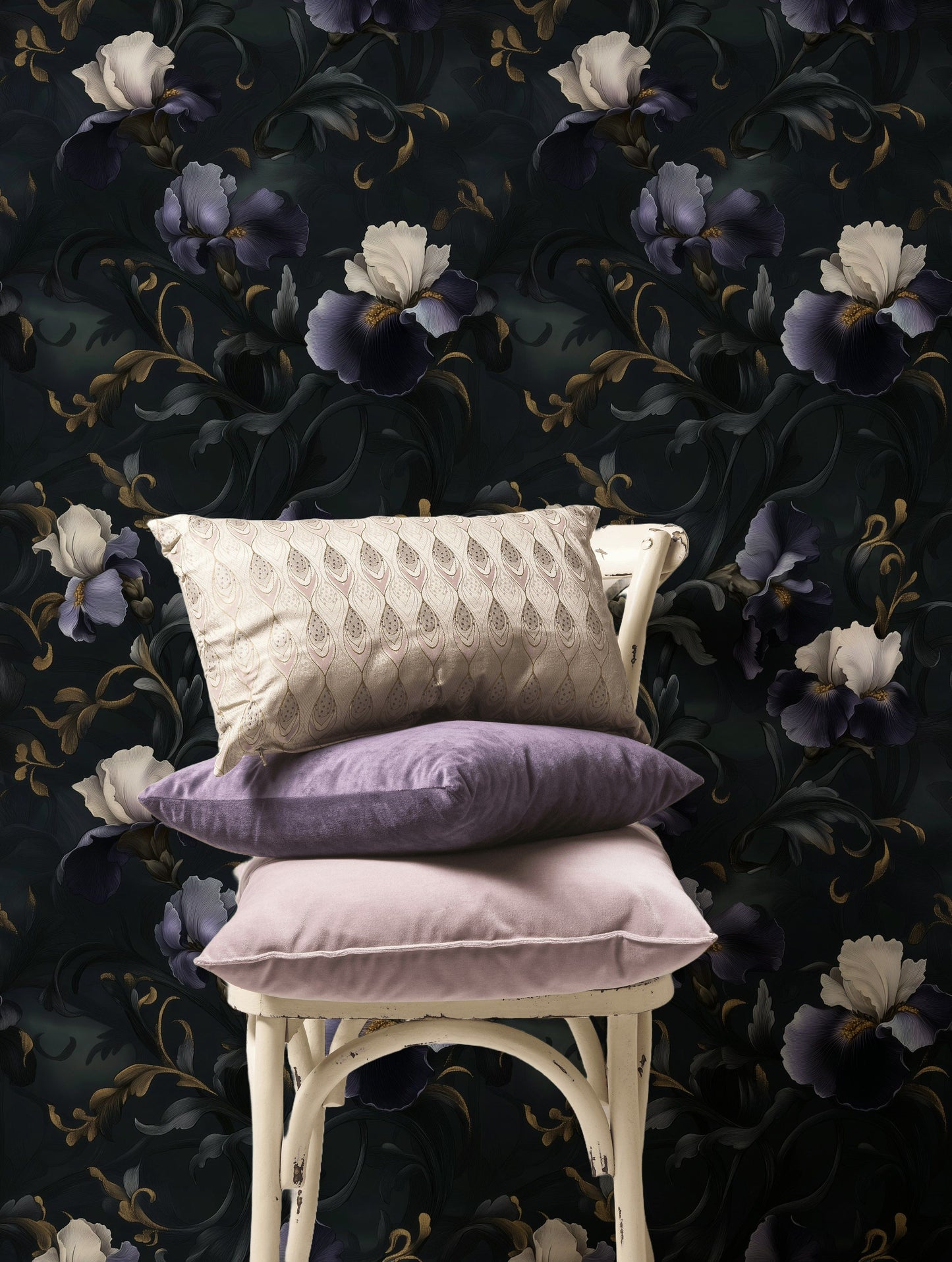 Dark Purple and Ivory Iris Wallpaper Dramatic Wall Mural