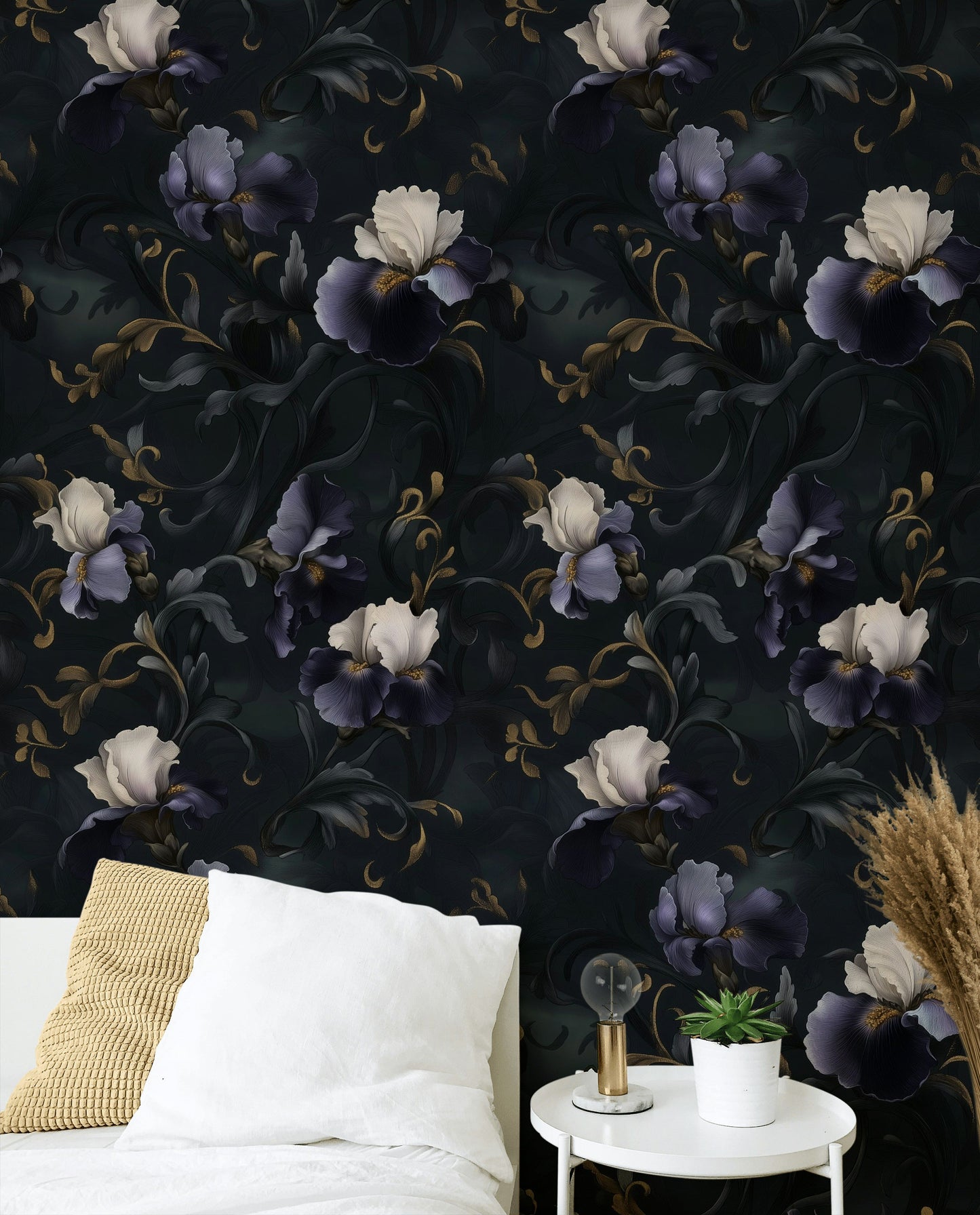 Dark Purple and Ivory Iris Wallpaper Dramatic Wall Mural