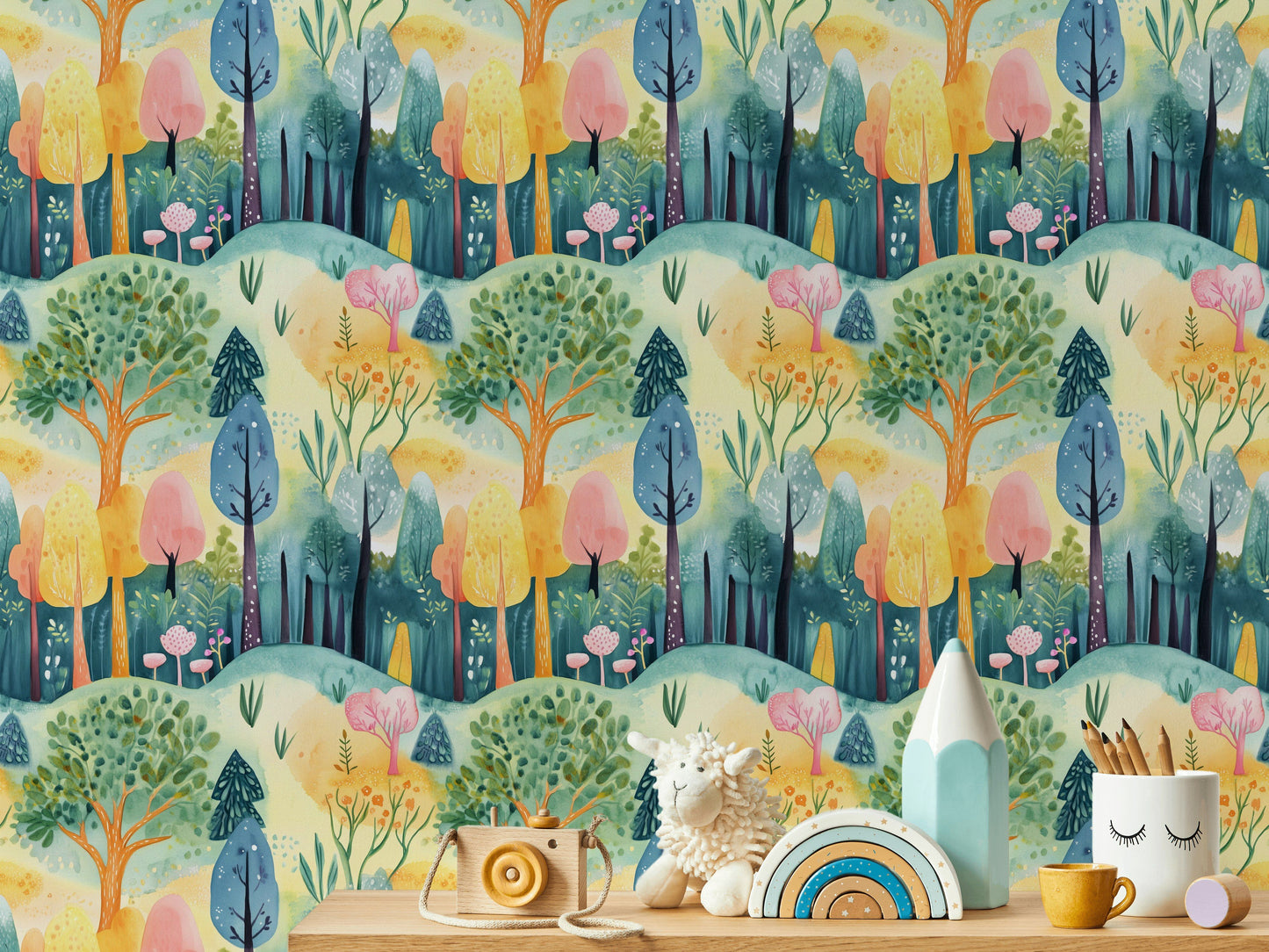 Whimsical Pastel Woodland Wallpaper Colorful Watercolor Wall Mural