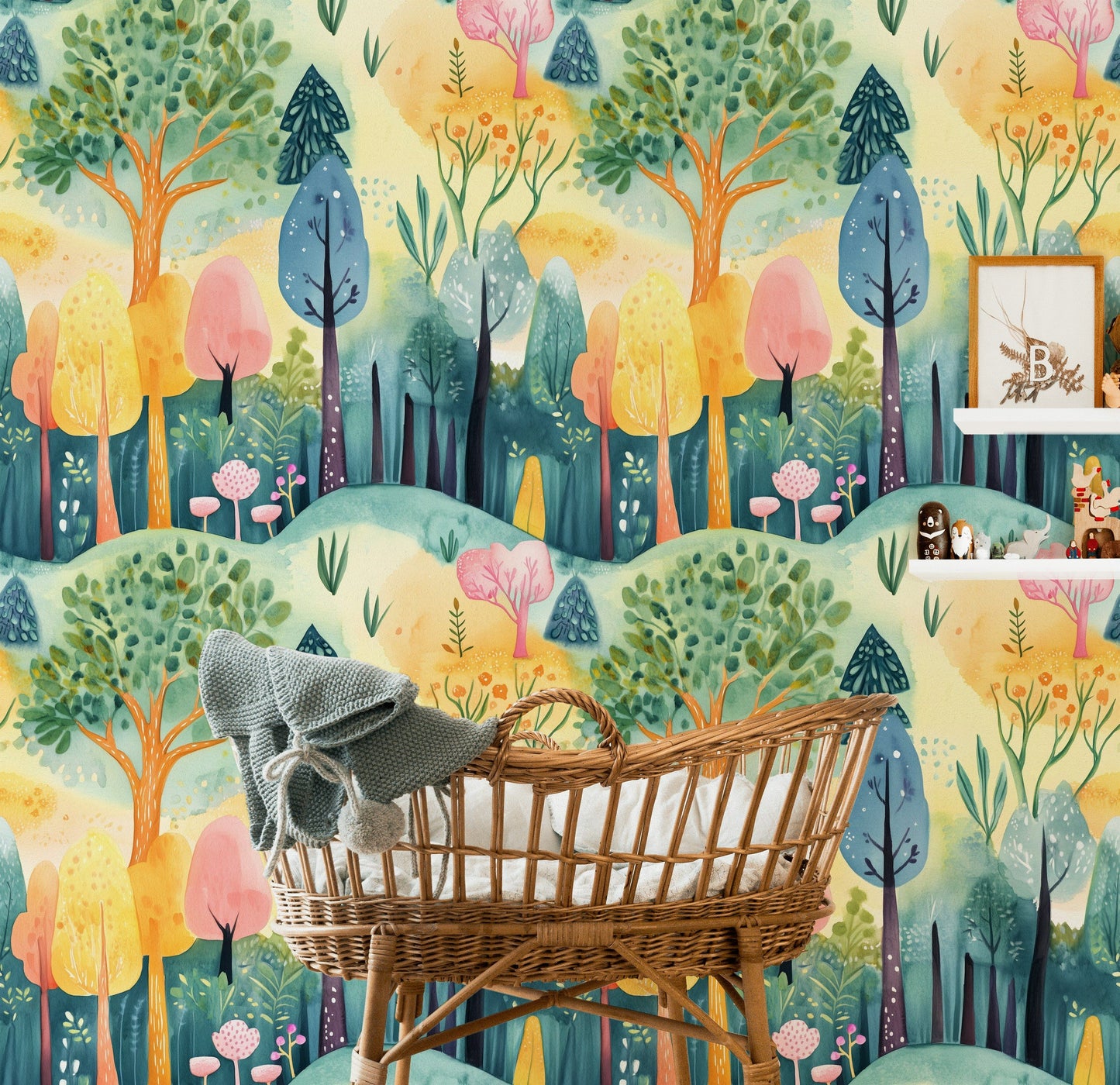 Whimsical Pastel Woodland Wallpaper Colorful Watercolor Wall Mural