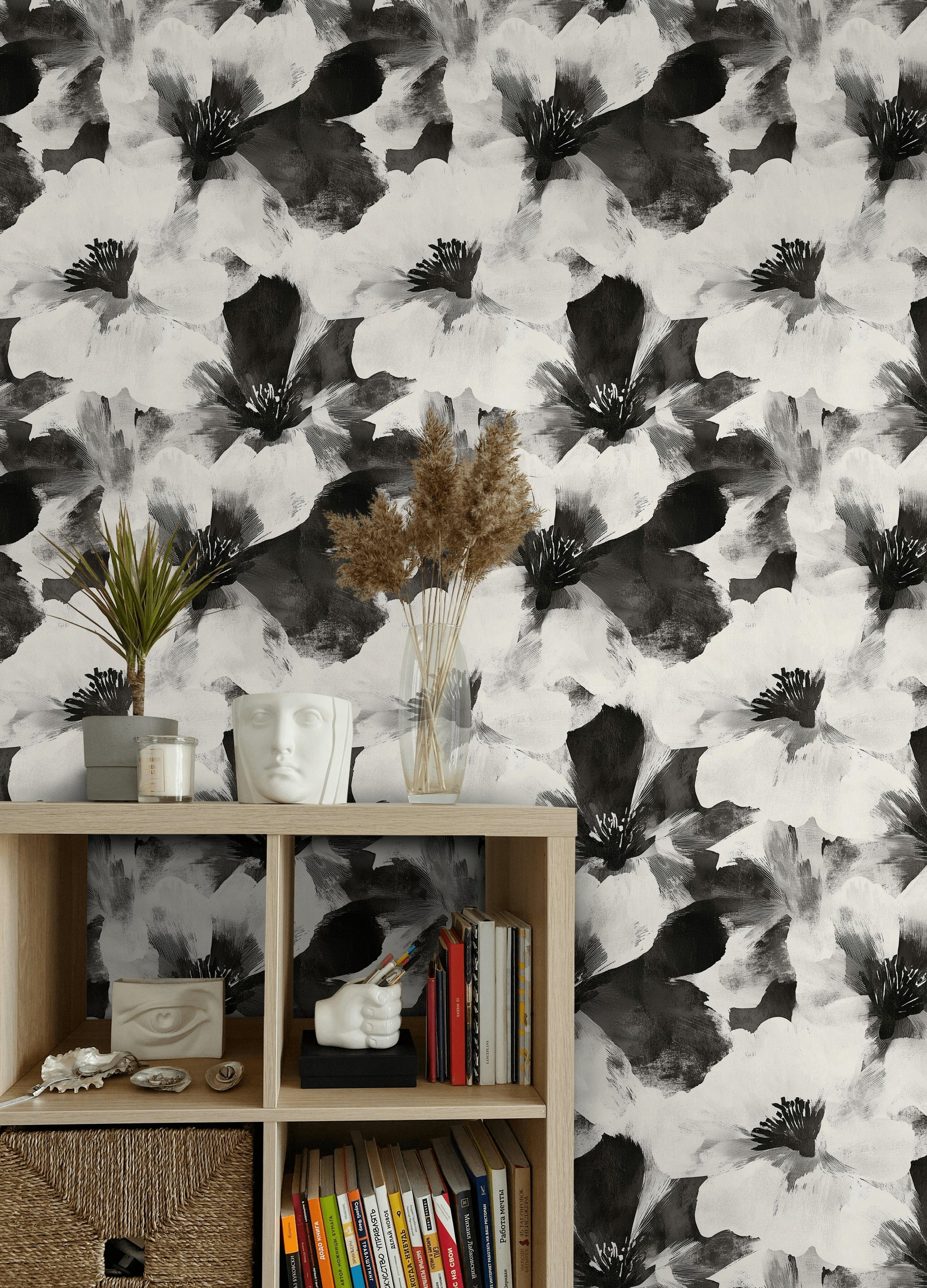 Monochrome Large Floral Brushstroke Wallpaper