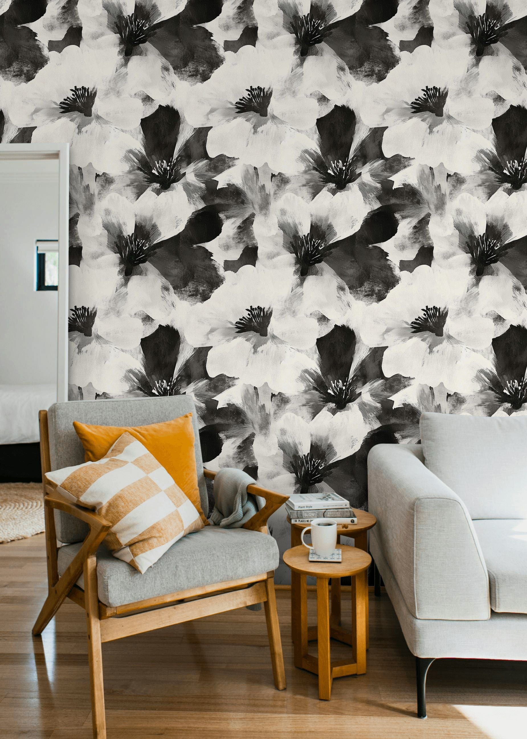 Monochrome Large Floral Brushstroke Wallpaper
