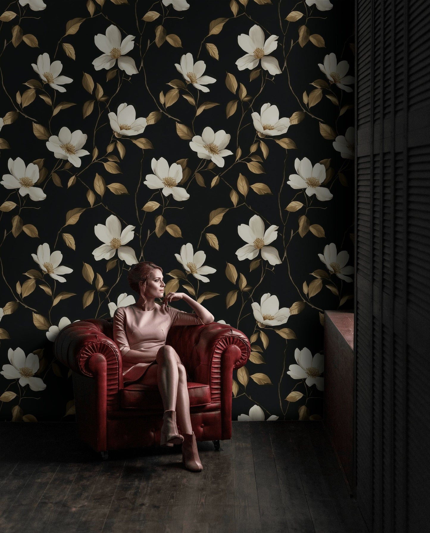 Black Gold Look Floral Wallpaper White Magnolia Wall Mural