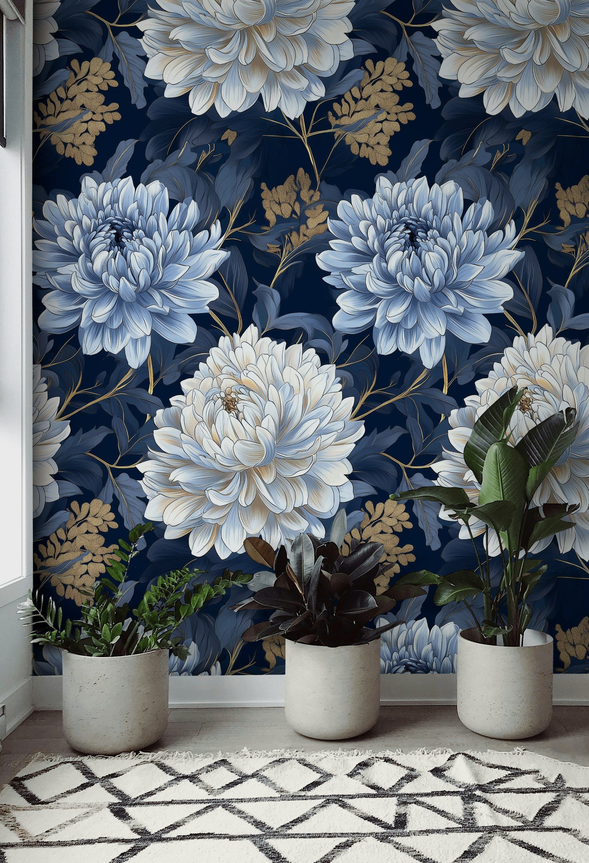 Midnight Blue Large Bloom Floral Wallpaper