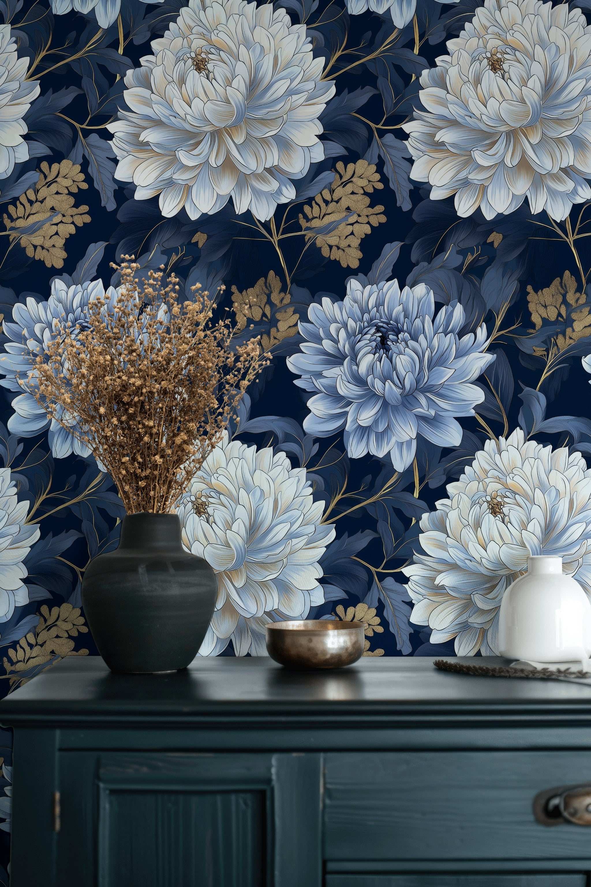 Midnight Blue Large Bloom Floral Wallpaper