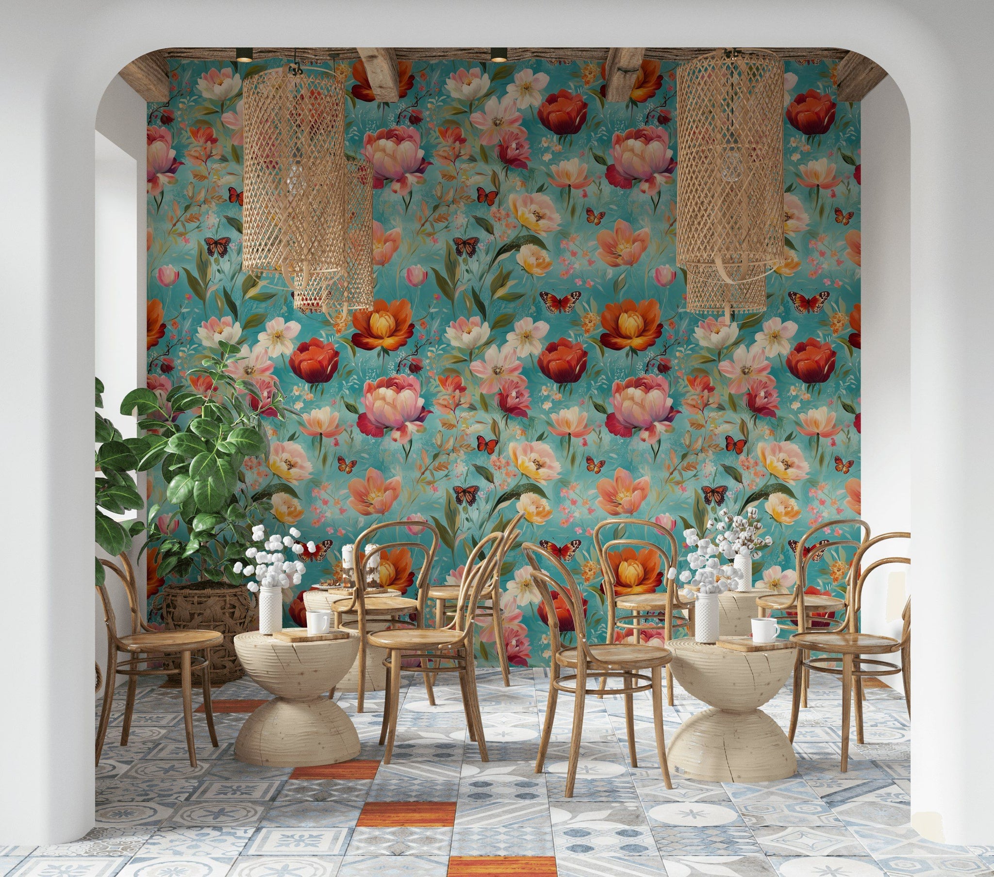 Vibrant Blue Multicolor Floral and Butterfly Wallpaper