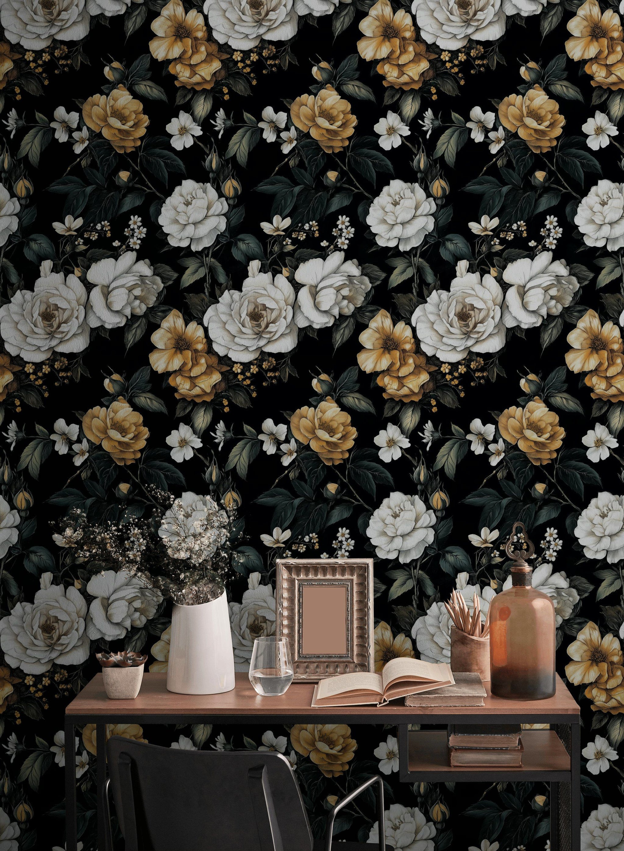 Elegant Black and Gold Look Rose Floral Wallpaper