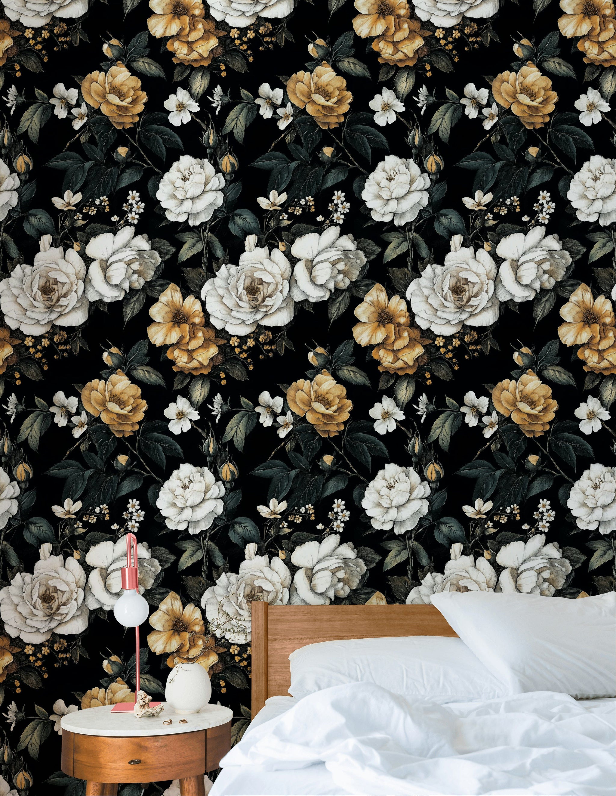 Elegant Black and Gold Look Rose Floral Wallpaper