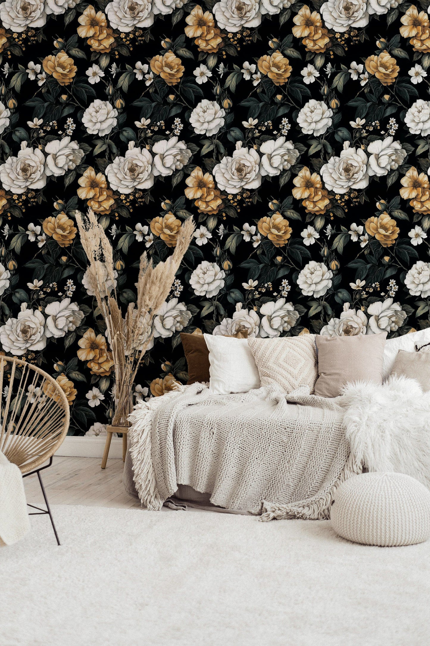 Black Gold Floral Wallpaper Dramatic White Blooms Wall Mural