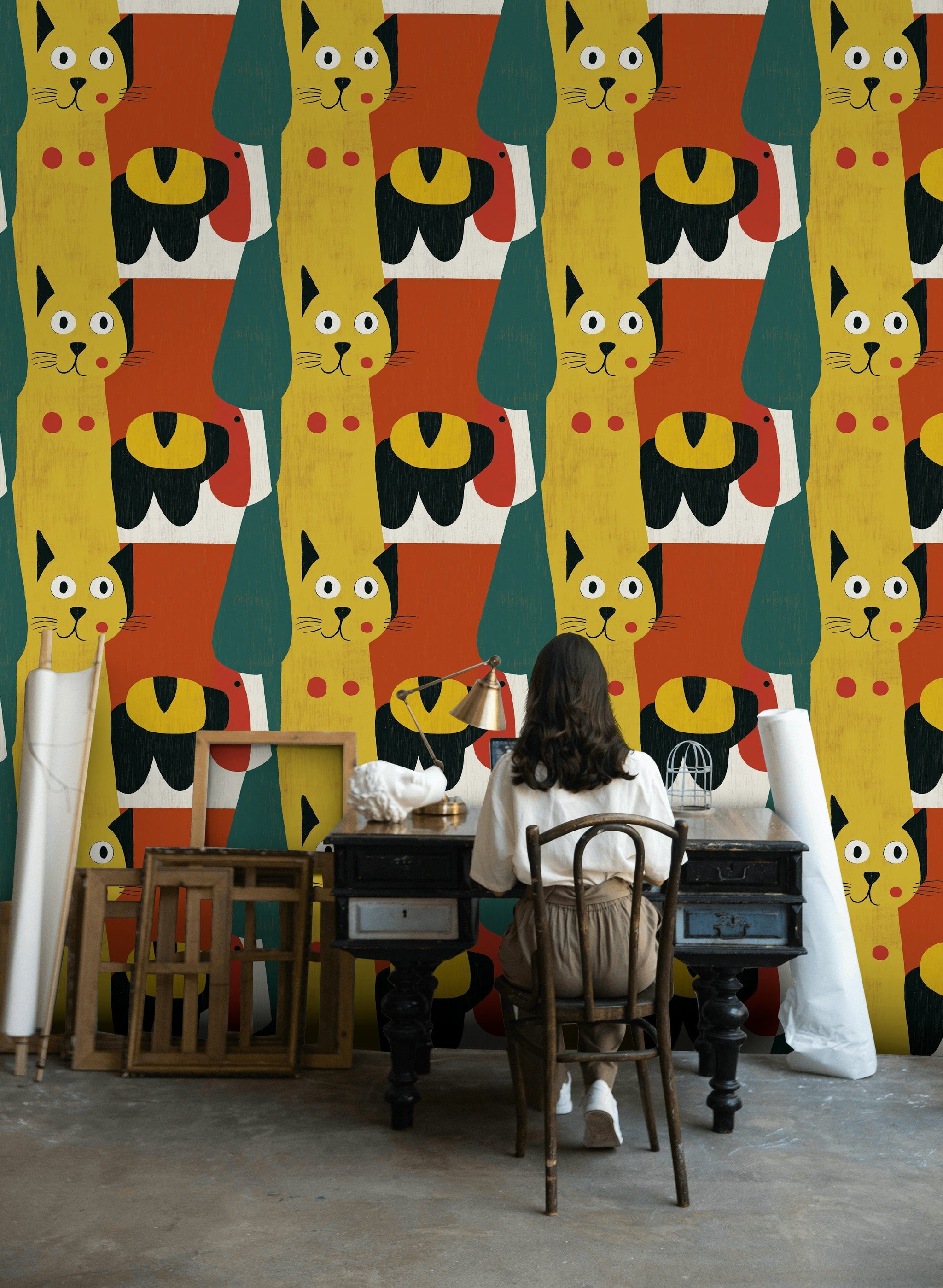 Playful Orange Cat and Dog Kids Wallpaper