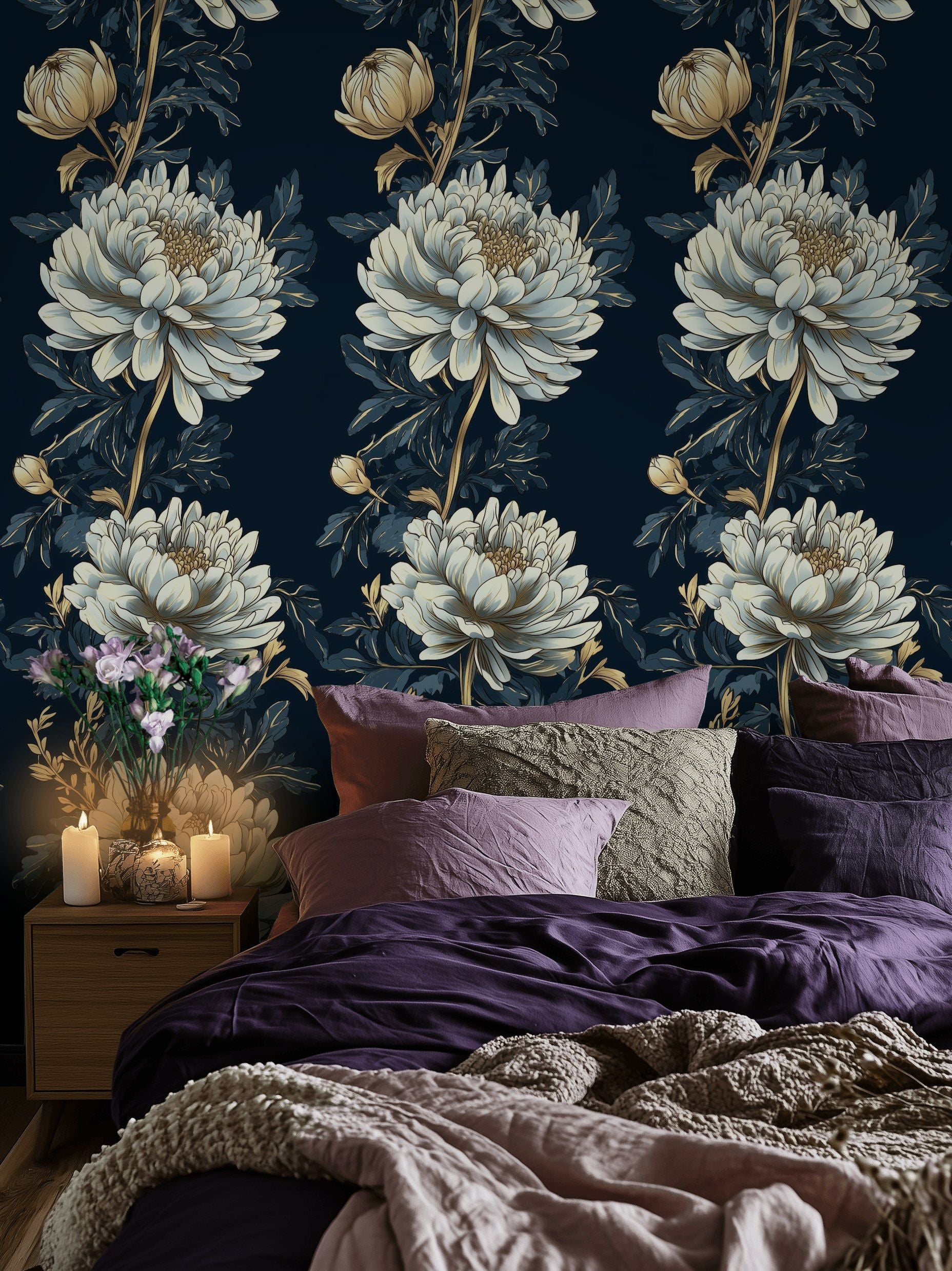 Dark Navy Large Floral Pattern Wallpaper