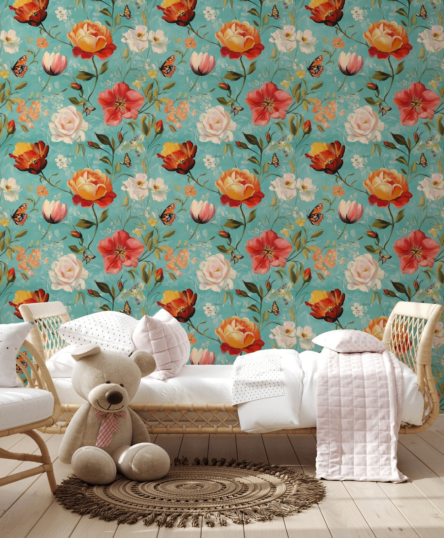 Vintage Floral Wallpaper Teal and Orange Botanical Wall Mural