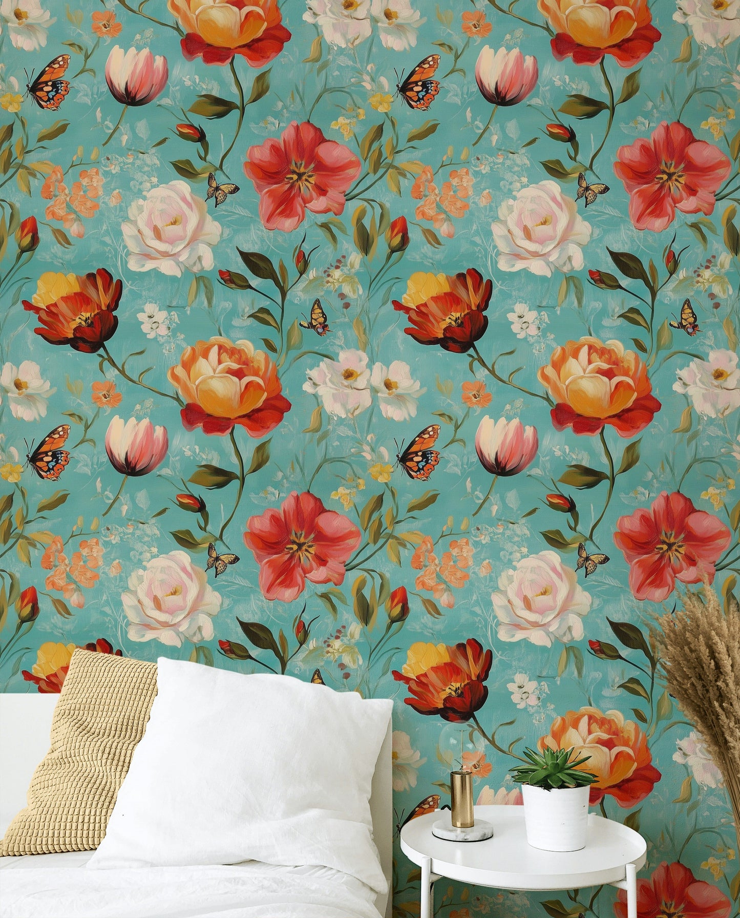 Vintage Floral Wallpaper Teal and Orange Botanical Wall Mural