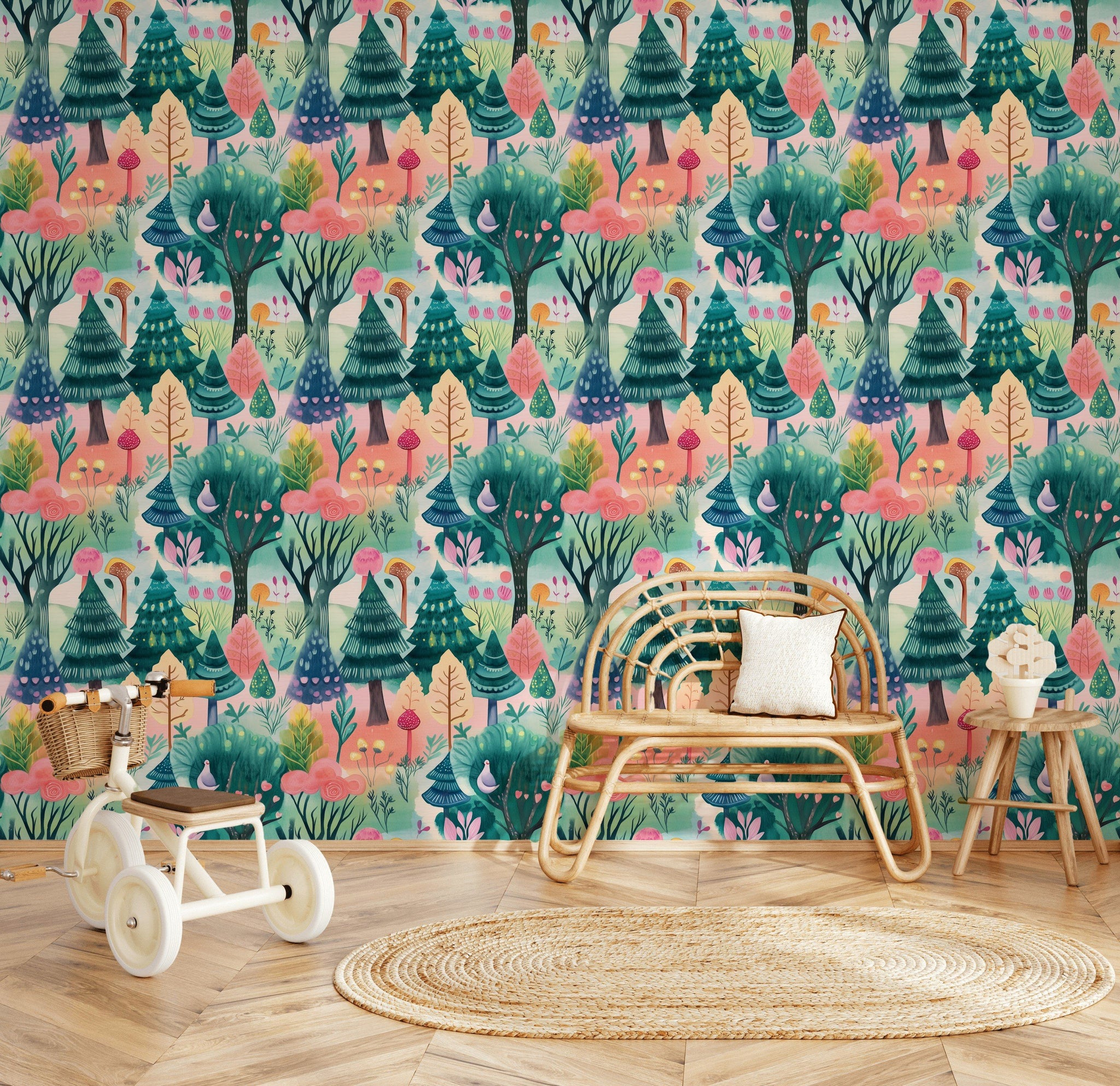 Colorful Woodland Creatures Kids Wallpaper