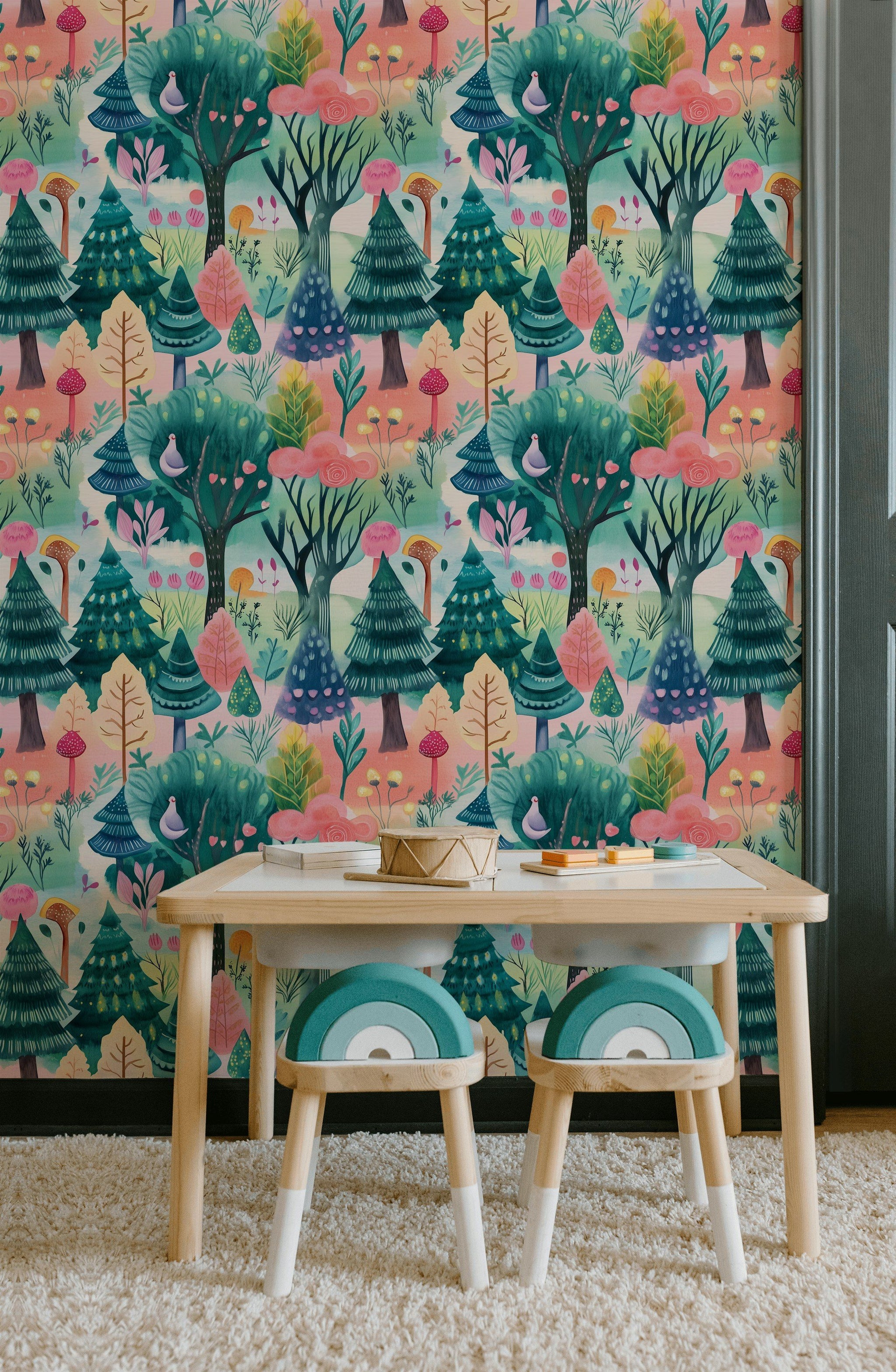 Colorful Woodland Creatures Kids Wallpaper