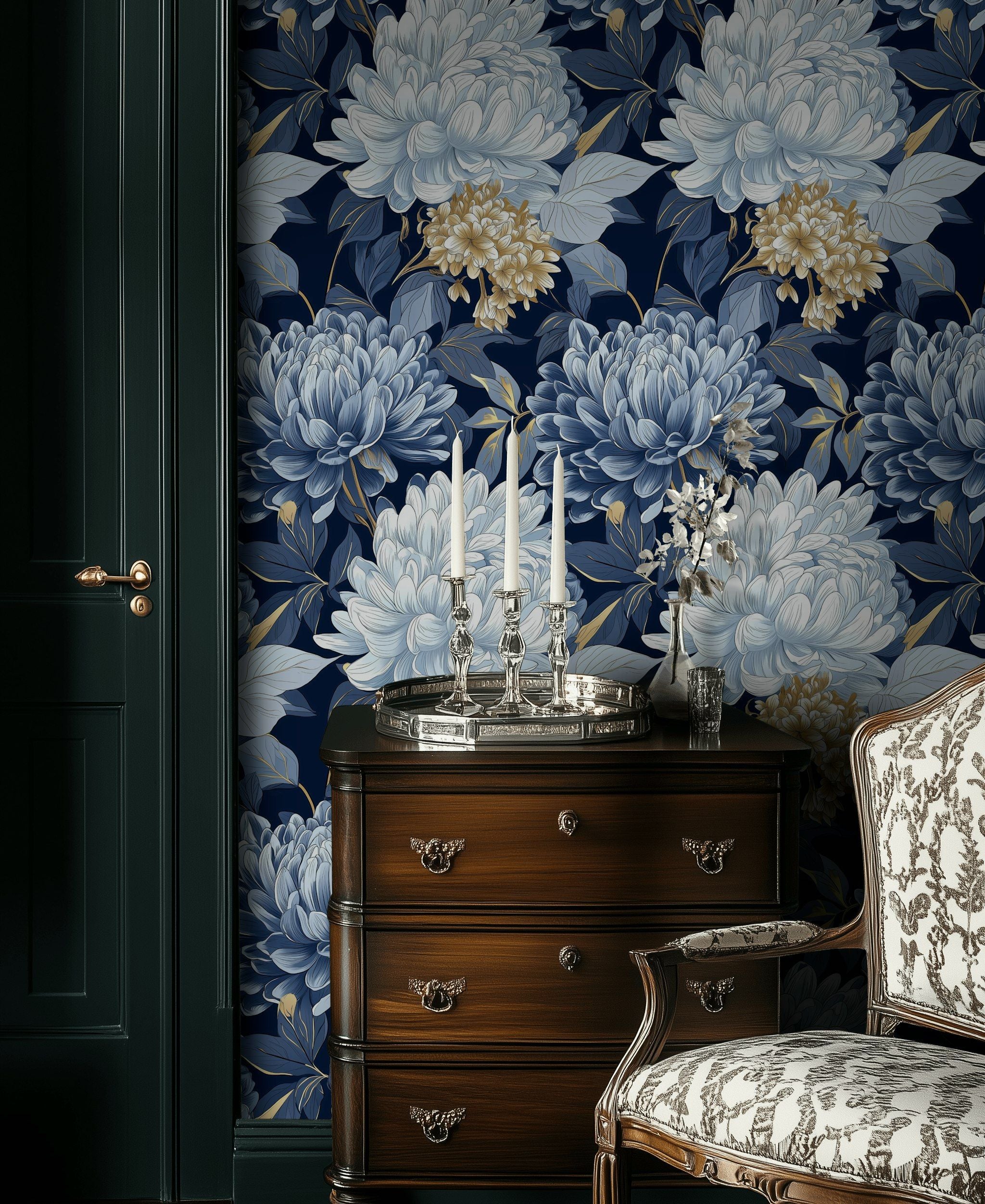 Deep Navy Blue Large Floral Wallpaper