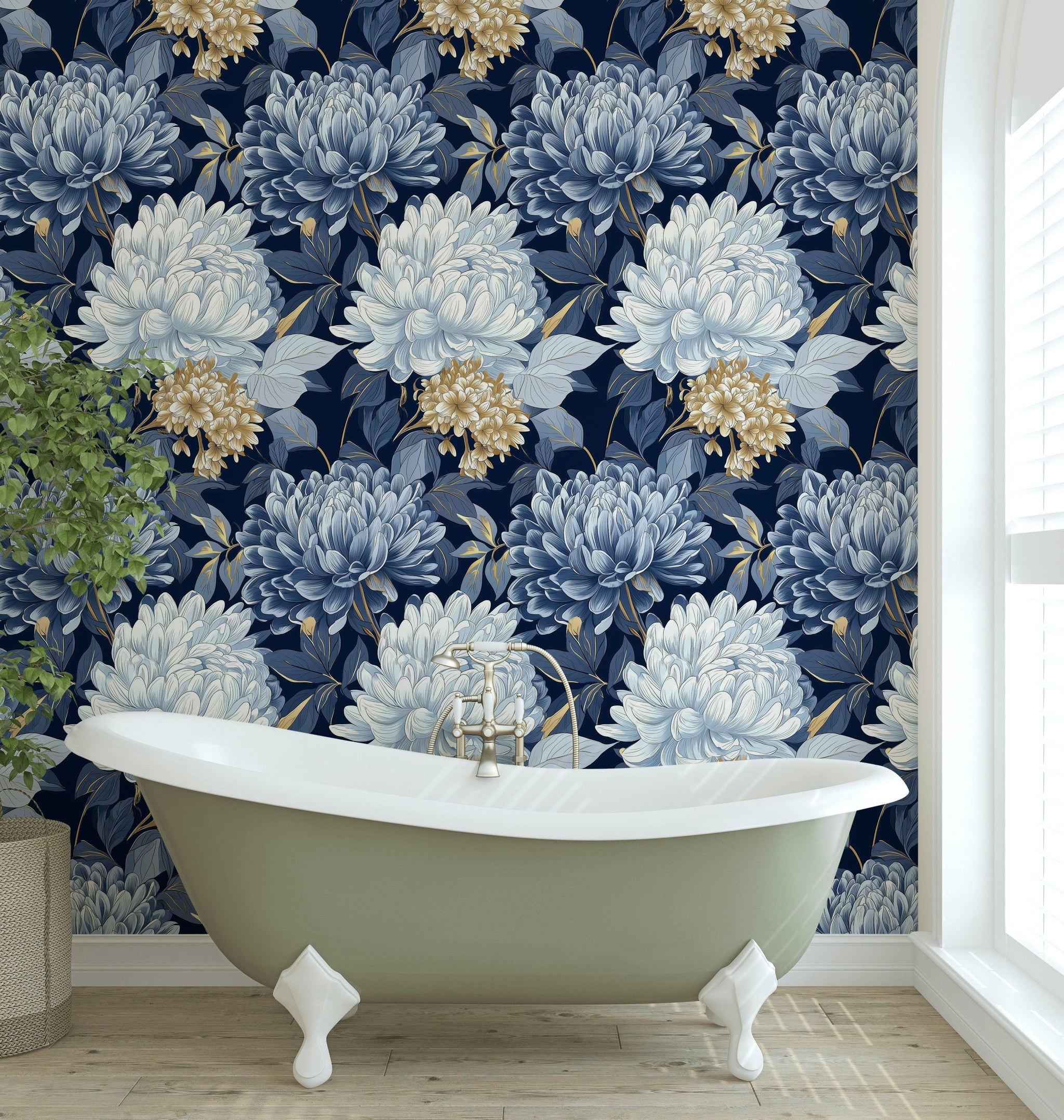 Deep Navy Blue Large Floral Wallpaper
