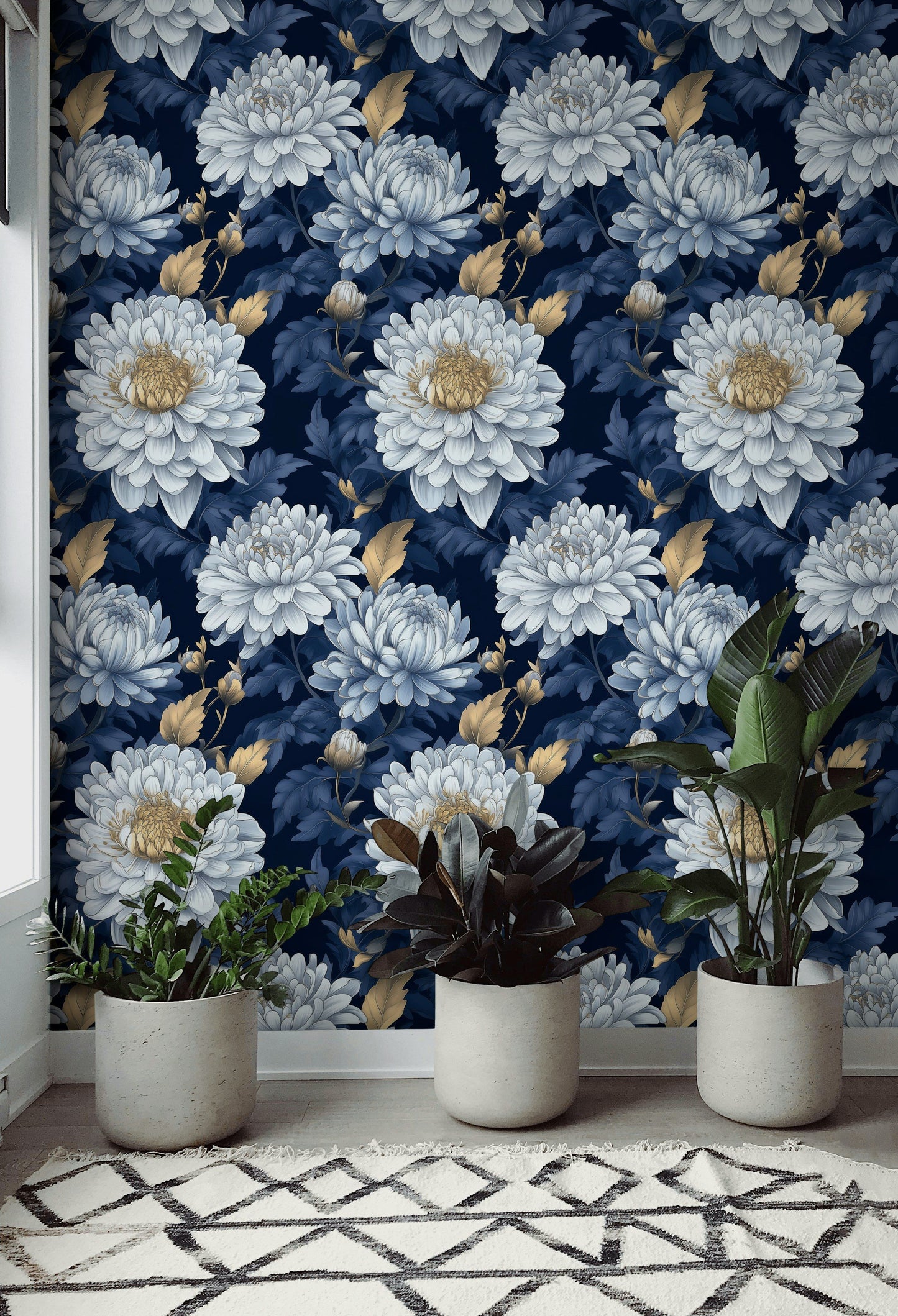 Navy Floral Wallpaper Opulent Chrysanthemum Wall Mural