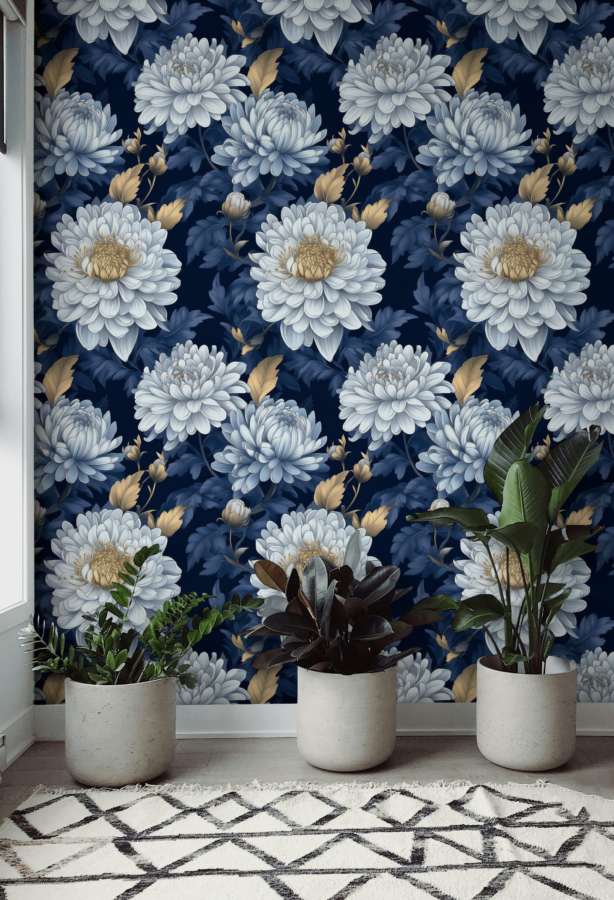 Navy Blue and Gold Look Oversized Floral Wallpaper