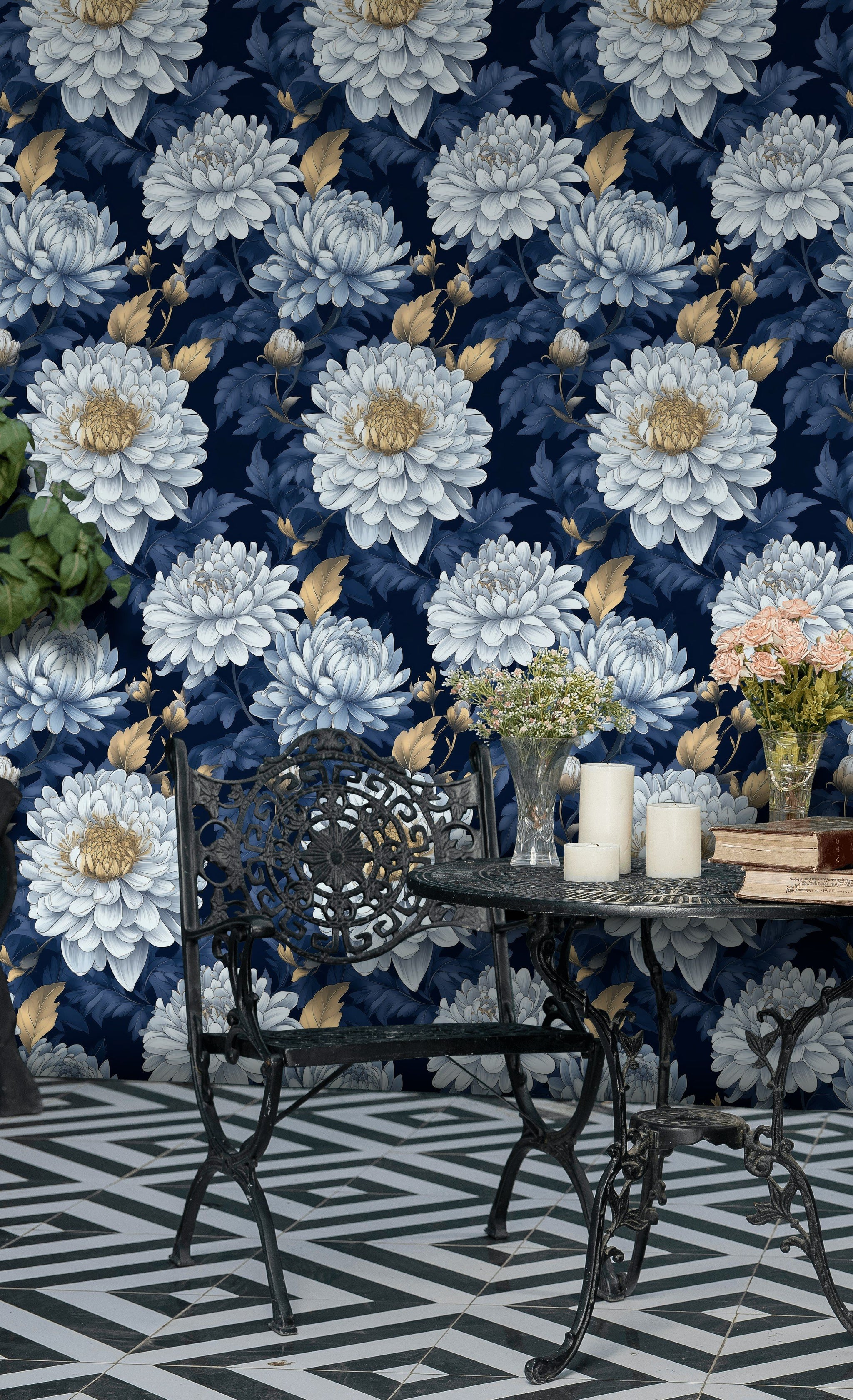 Navy Blue and Gold Look Oversized Floral Wallpaper