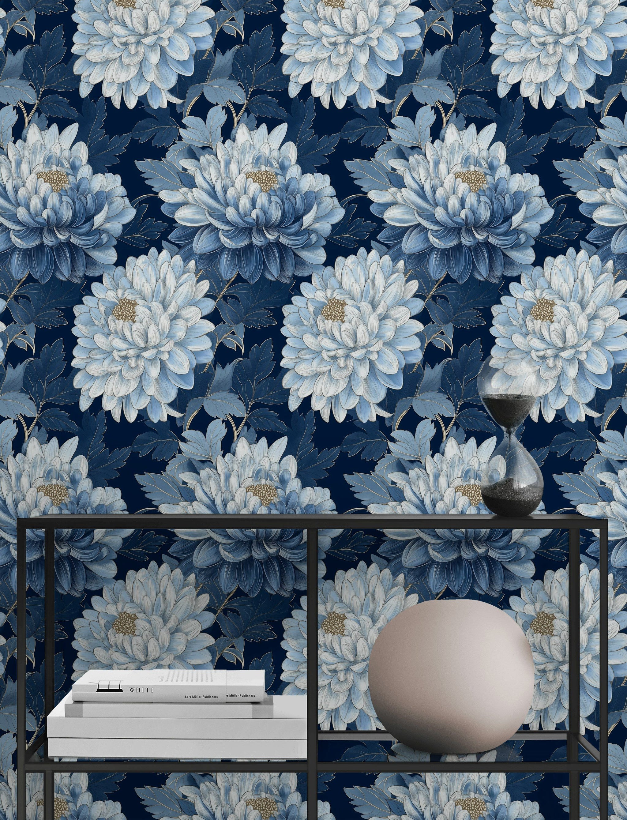 Deep Navy Blue Chrysanthemum Floral Wallpaper