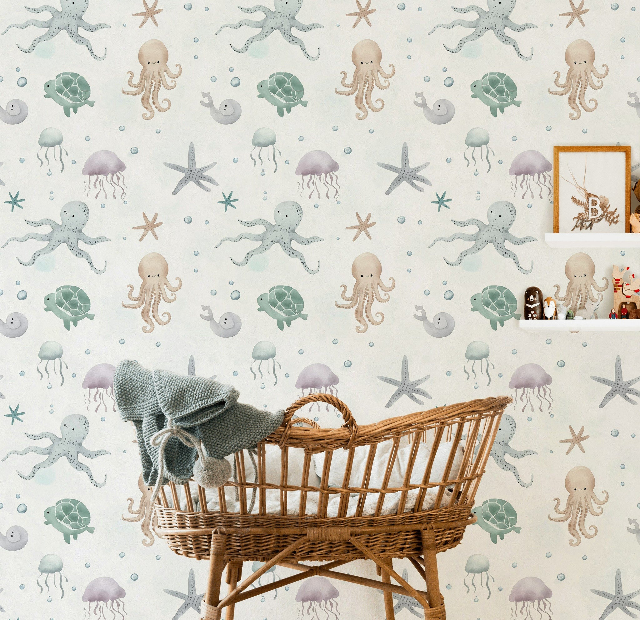 Cream Pastel Sea Creatures Kids Wallpaper
