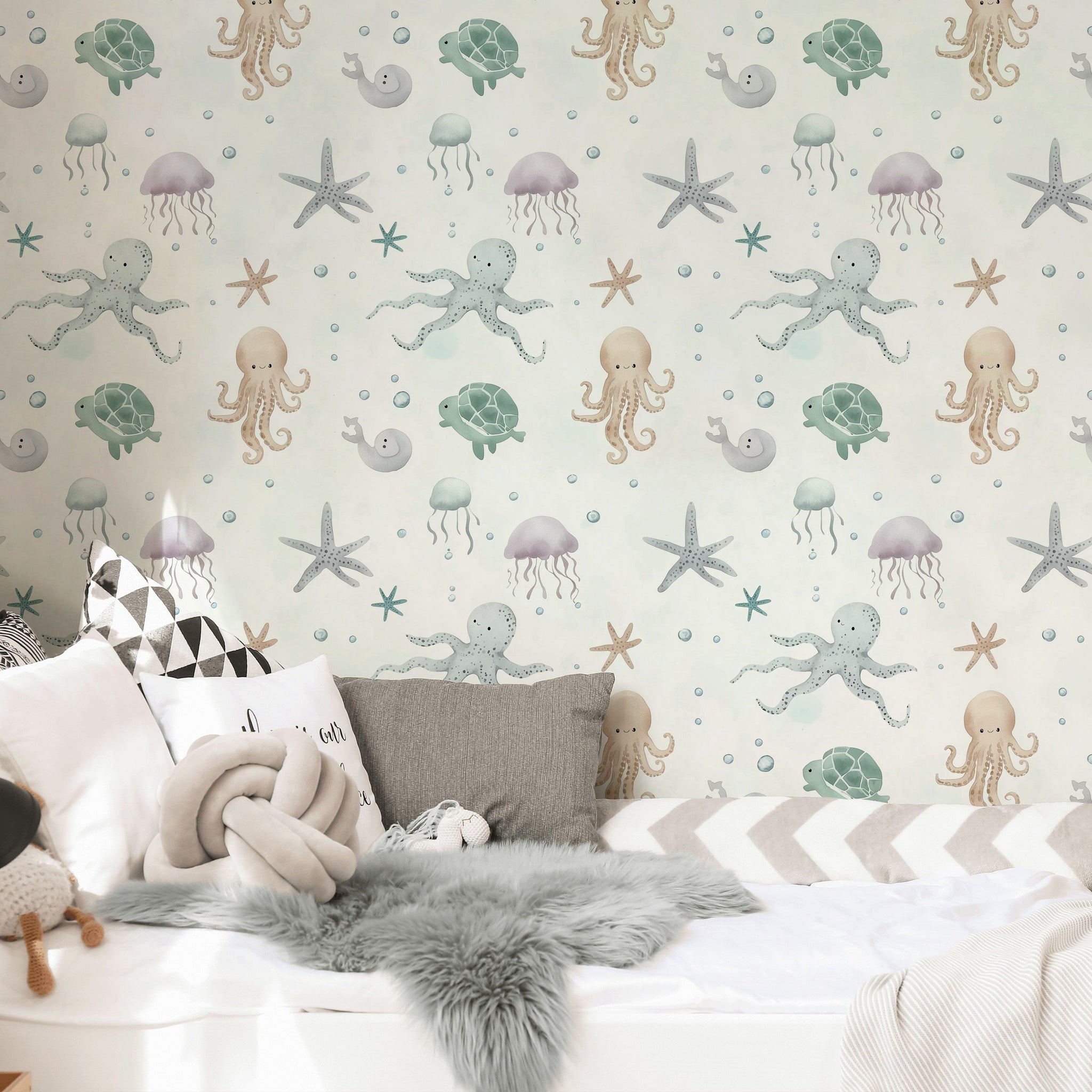 Cream Pastel Sea Creatures Kids Wallpaper