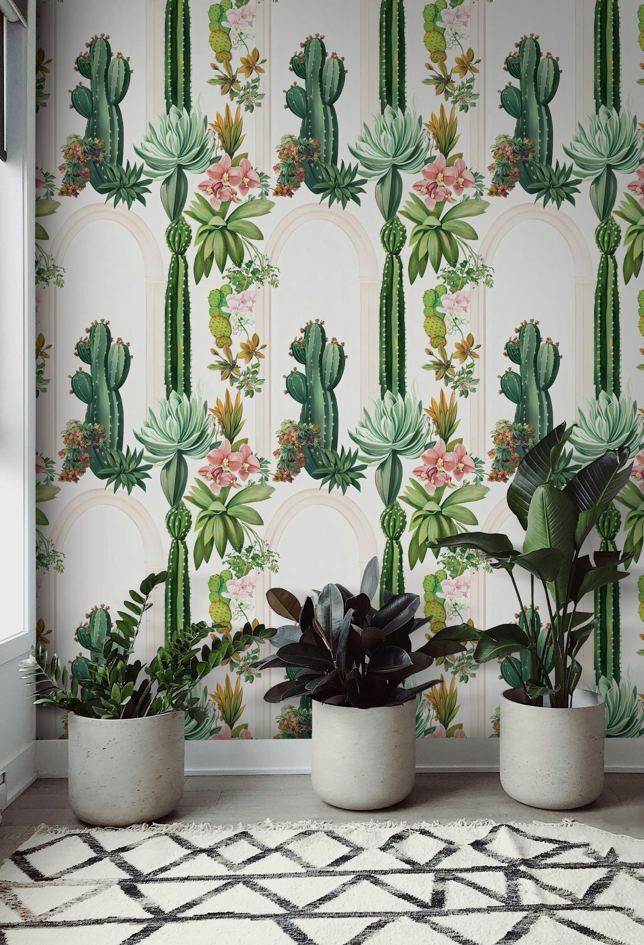 Cream Archway Cactus and Tropical Floral Wallpaper