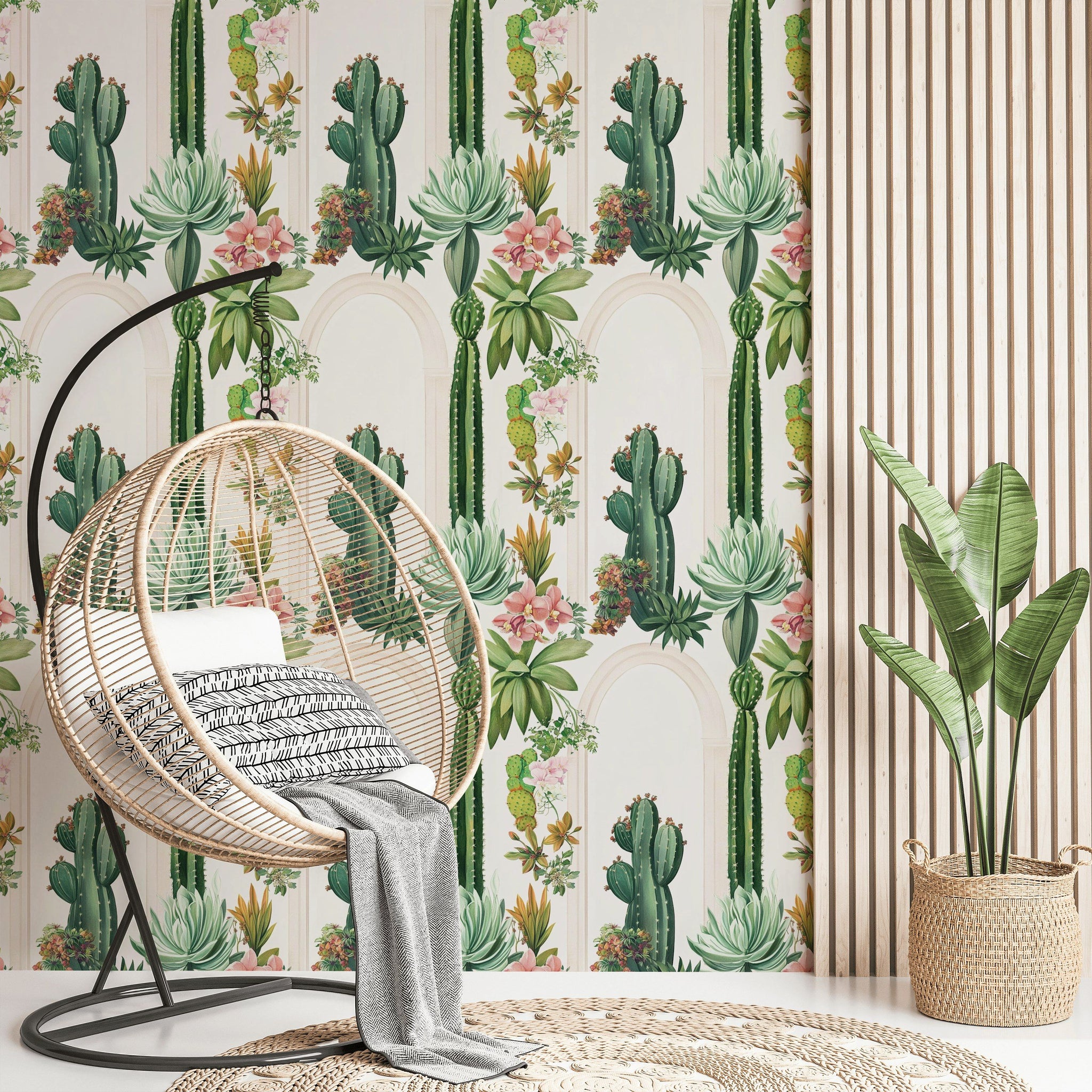 Cream Archway Cactus and Tropical Floral Wallpaper