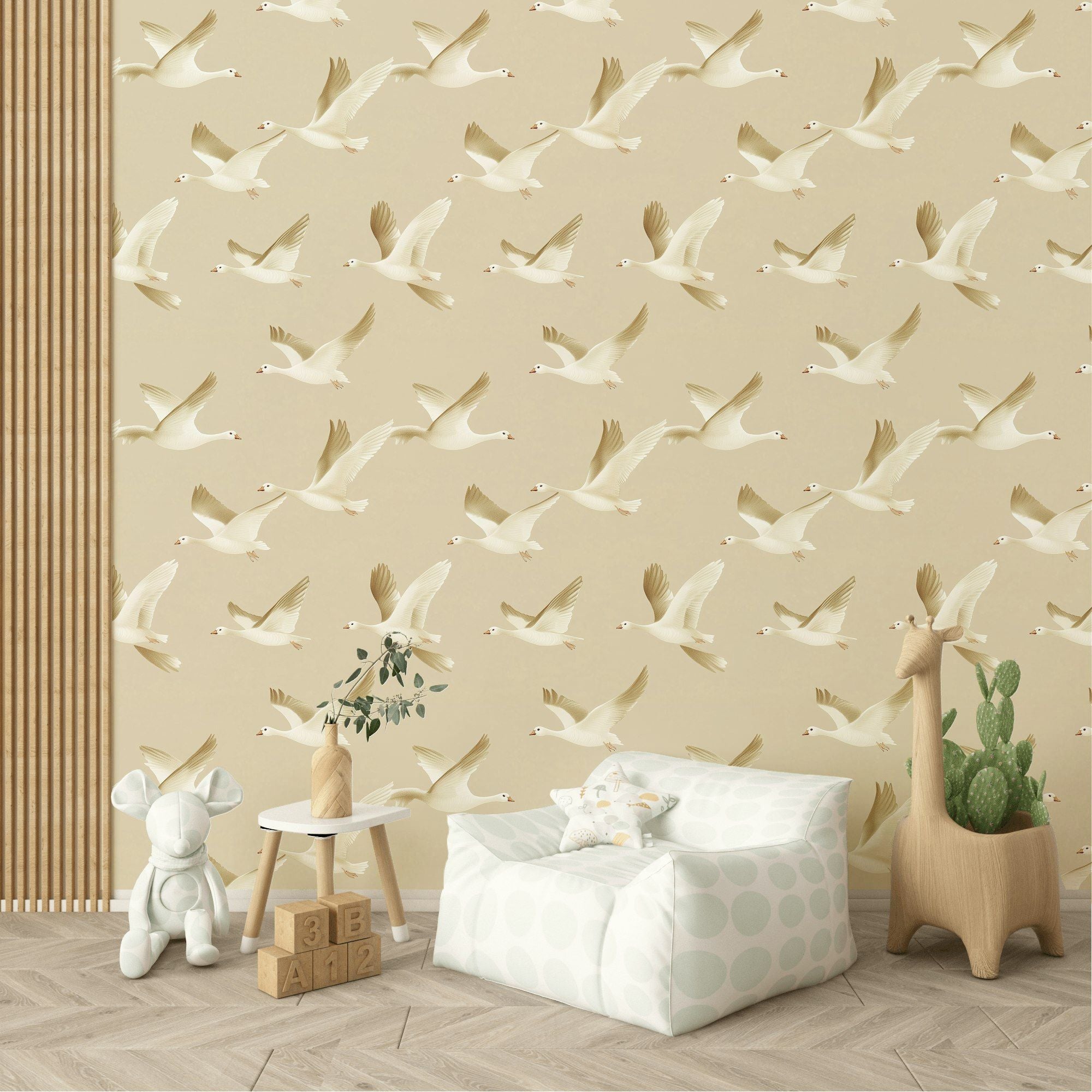Beige and Cream Flying Birds Wallpaper