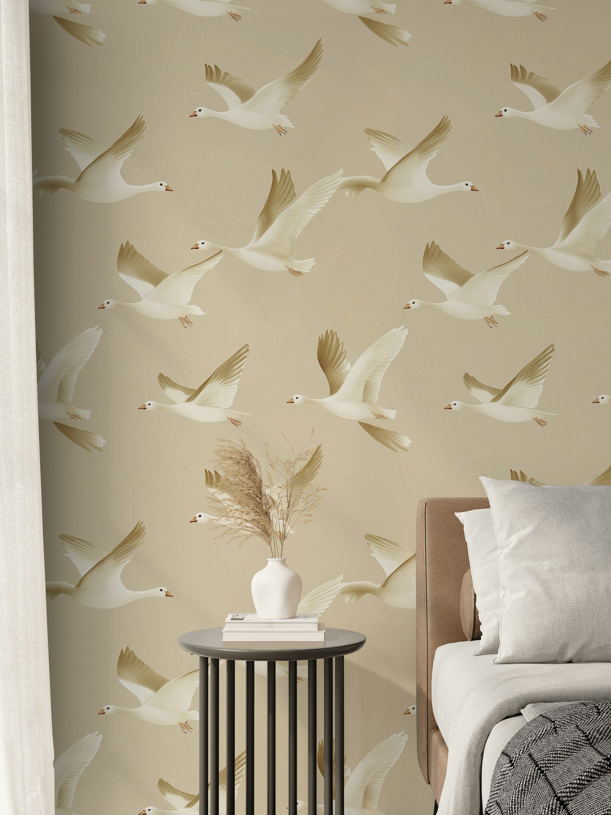 Beige and Cream Flying Birds Wallpaper