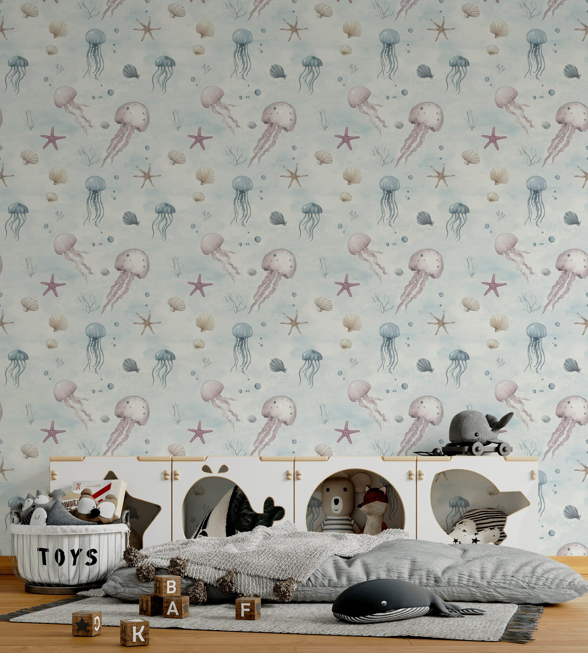 Cream Jellyfish and Seashell Kids Wallpaper