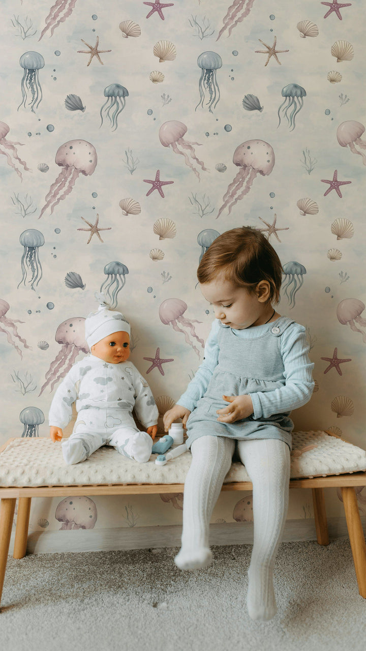 Cream Jellyfish and Seashell Kids Wallpaper