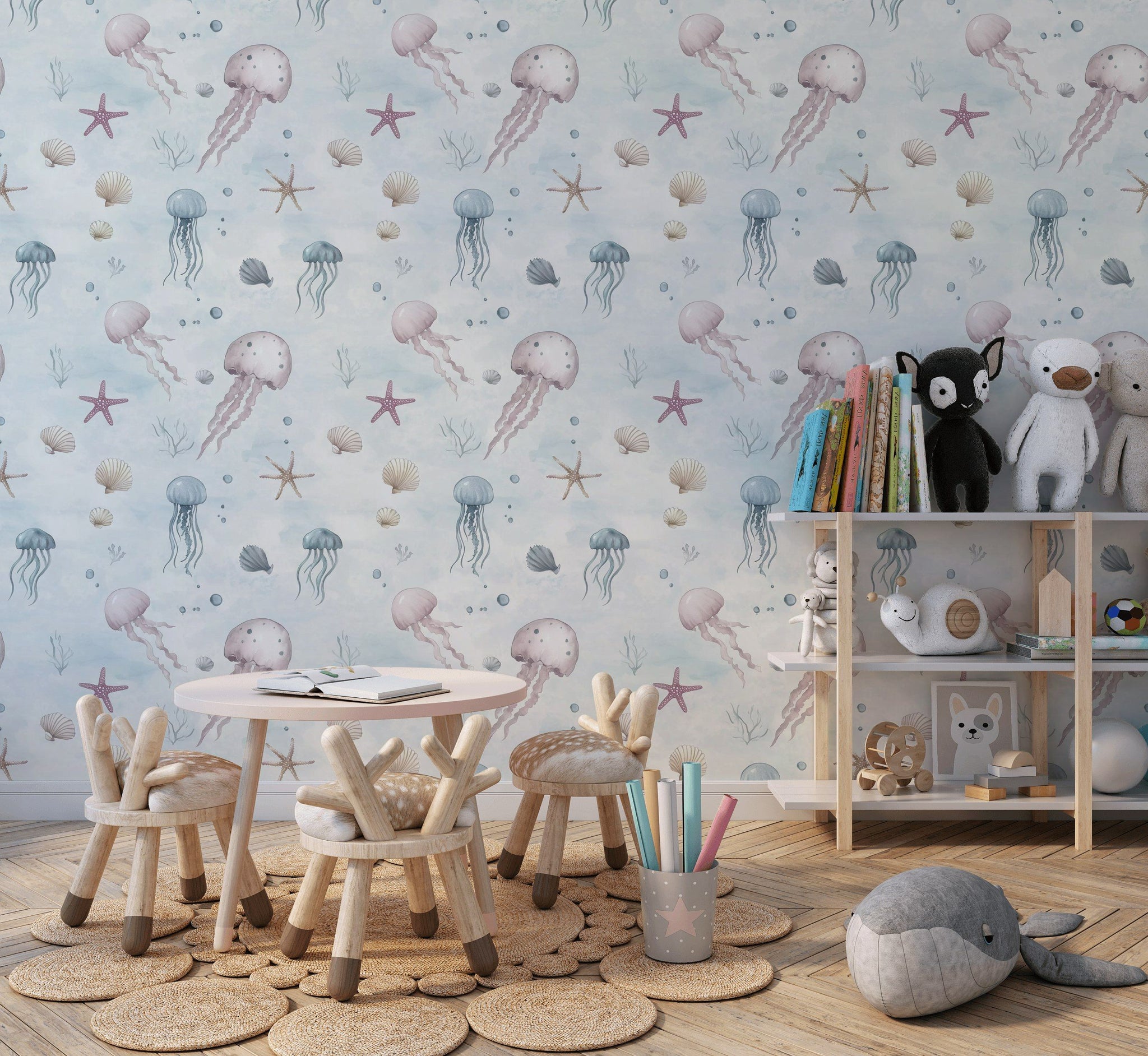 Cream Jellyfish and Seashell Kids Wallpaper