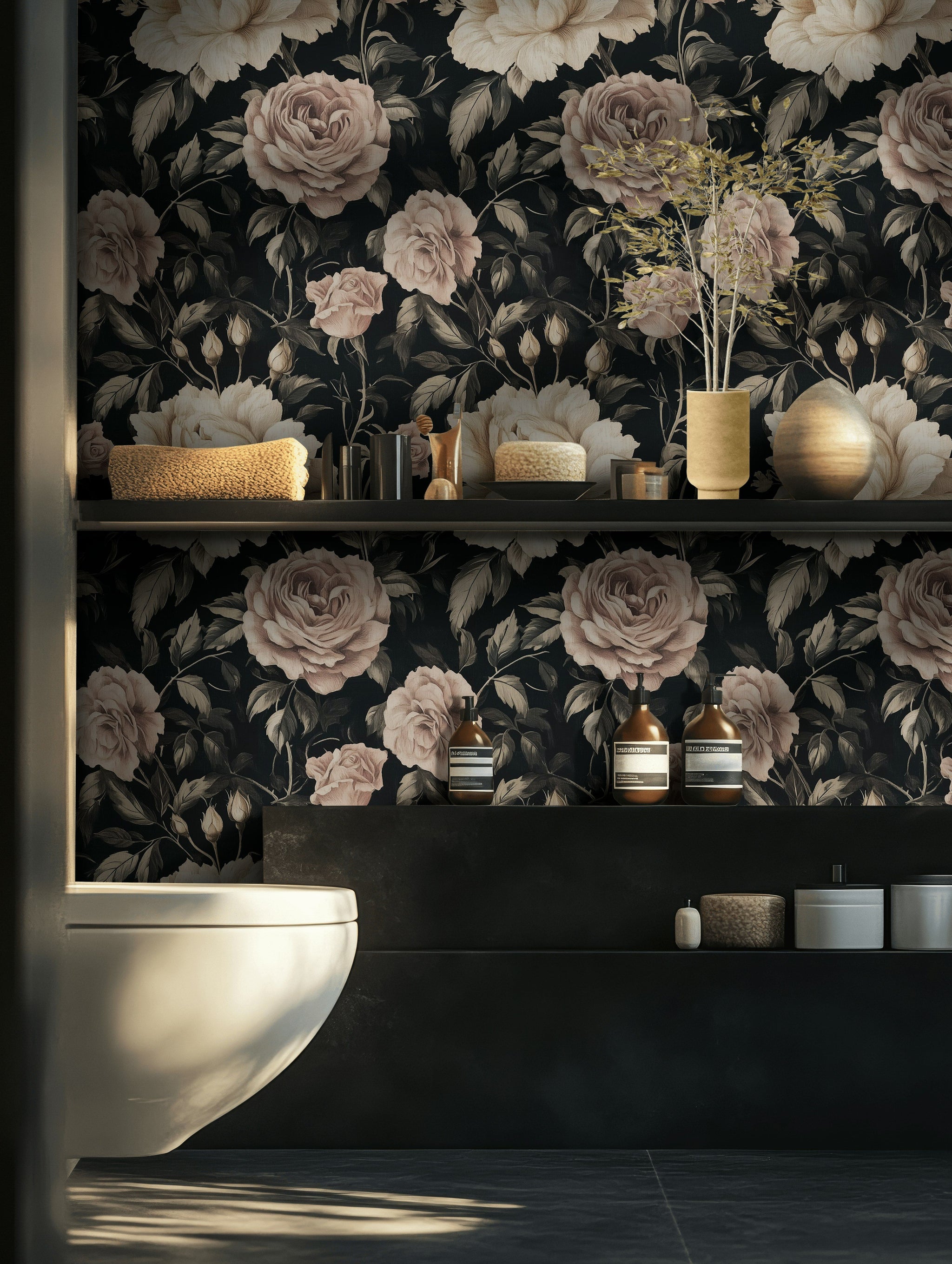 Deep Charcoal Vintage Rose Floral Wallpaper