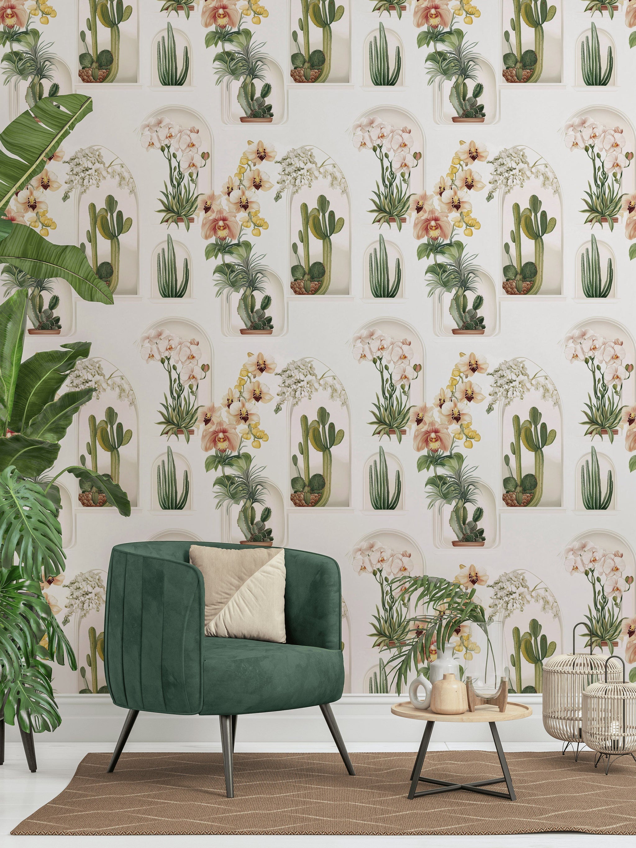 Cream Tropical Floral and Botanical Wallpaper