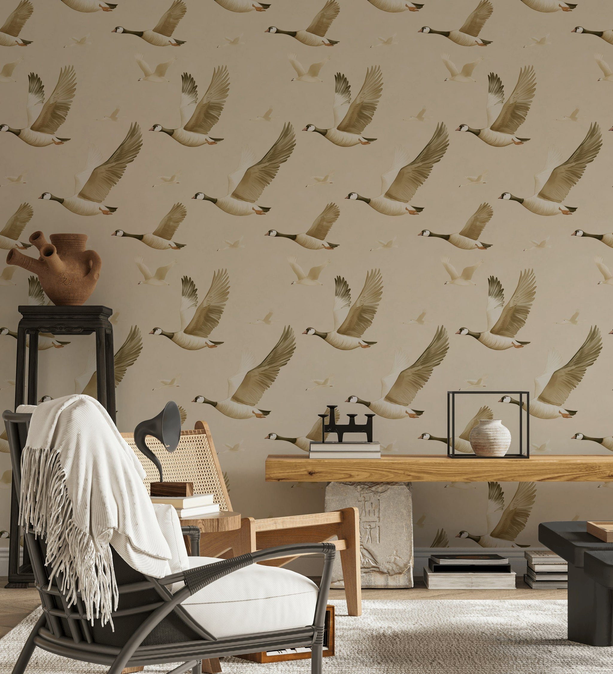 Beige Graceful Flying Geese Wallpaper