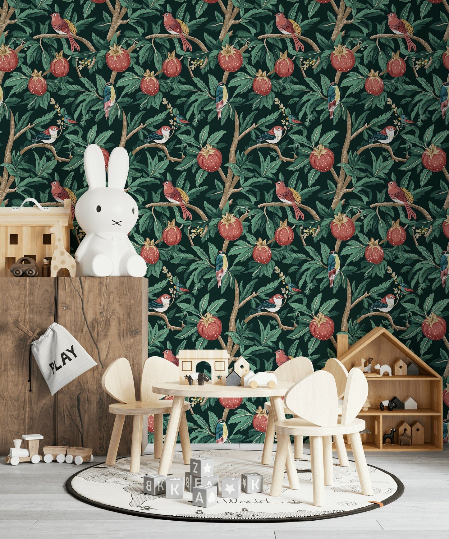 Dark Green Exotic Birds & Pomegranate Wallpaper