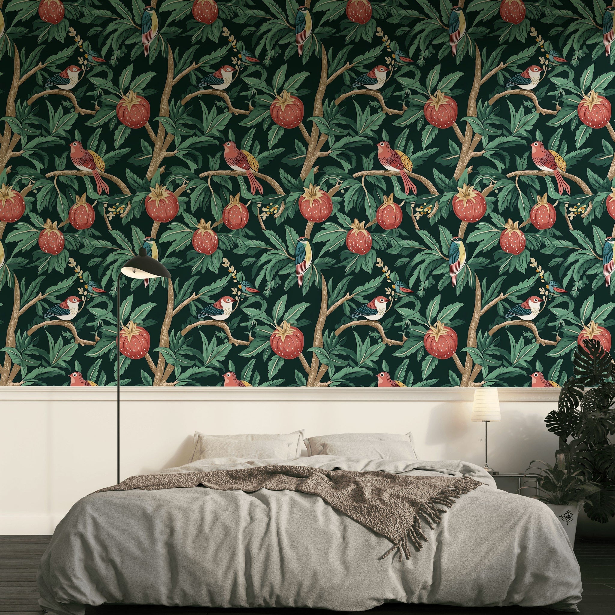 Dark Botanical Birds and Fruits Wallpaper
