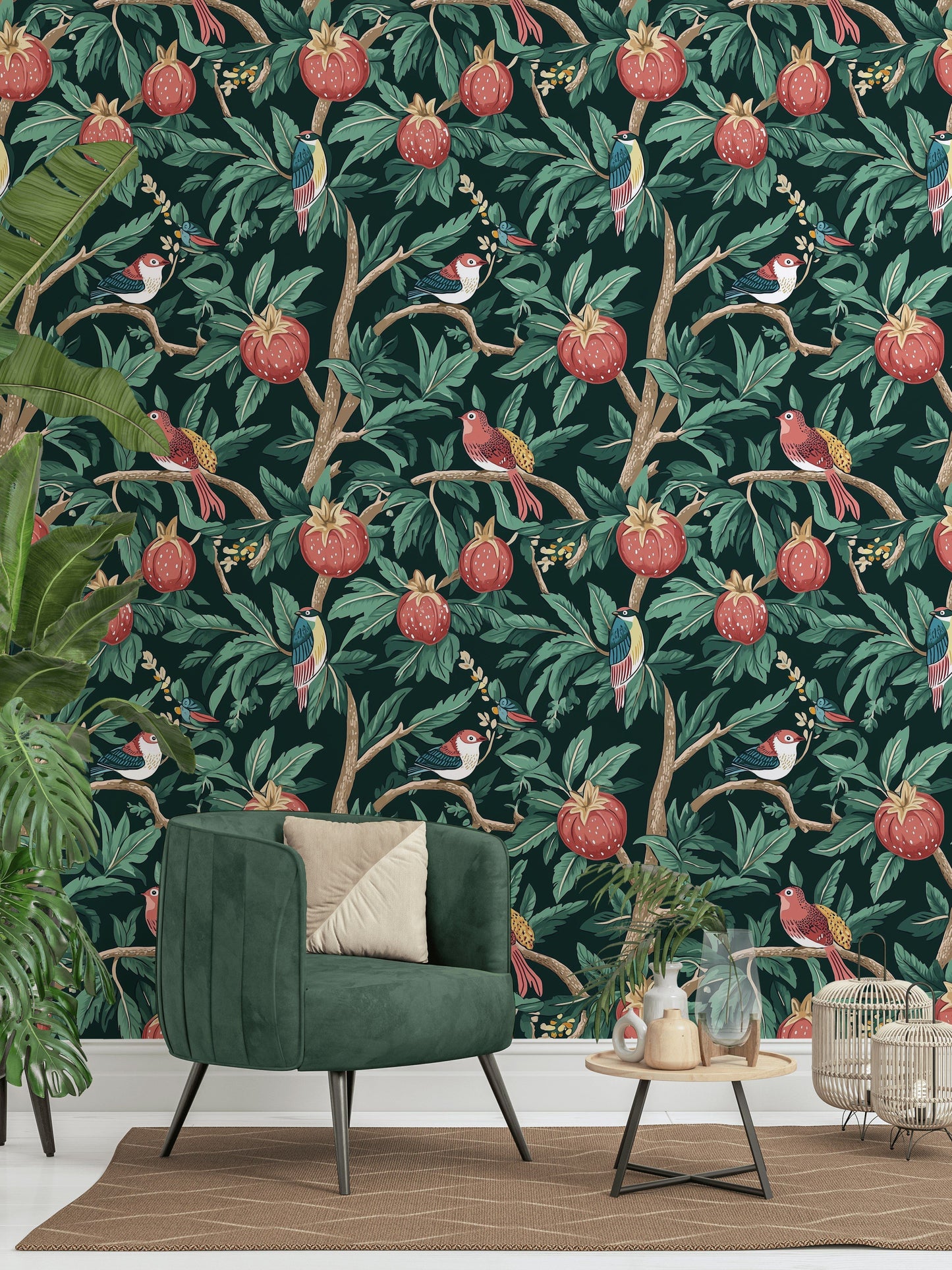 Dark Green Exotic Birds & Pomegranate Wallpaper