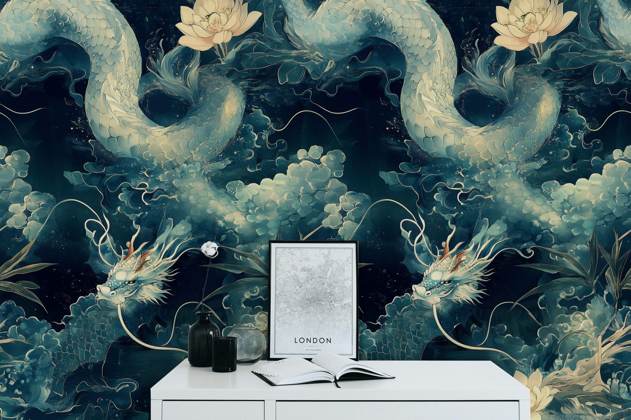 Midnight Blue Dragon and Lotus Chinoiserie Wallpaper