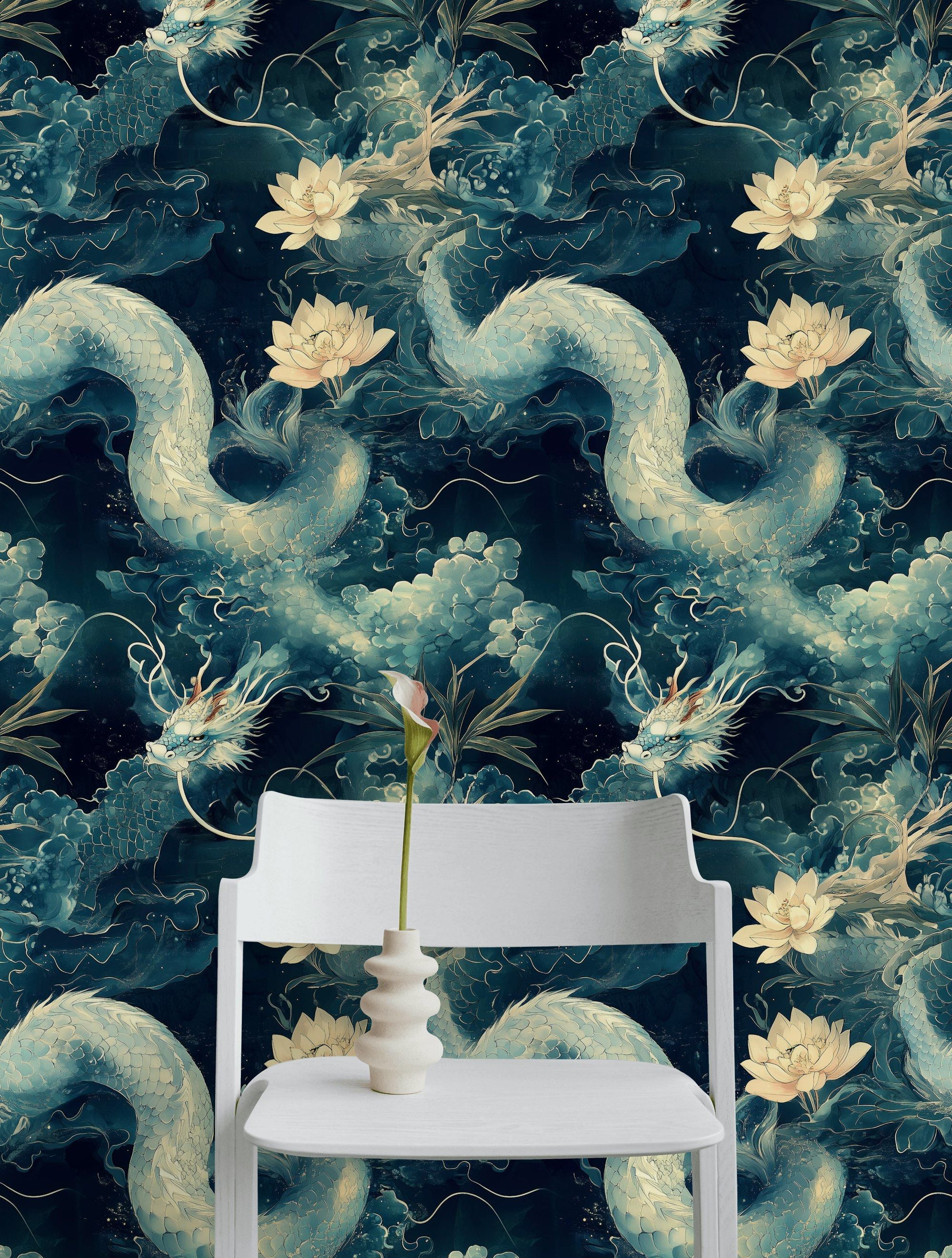 Midnight Blue Dragon and Lotus Chinoiserie Wallpaper