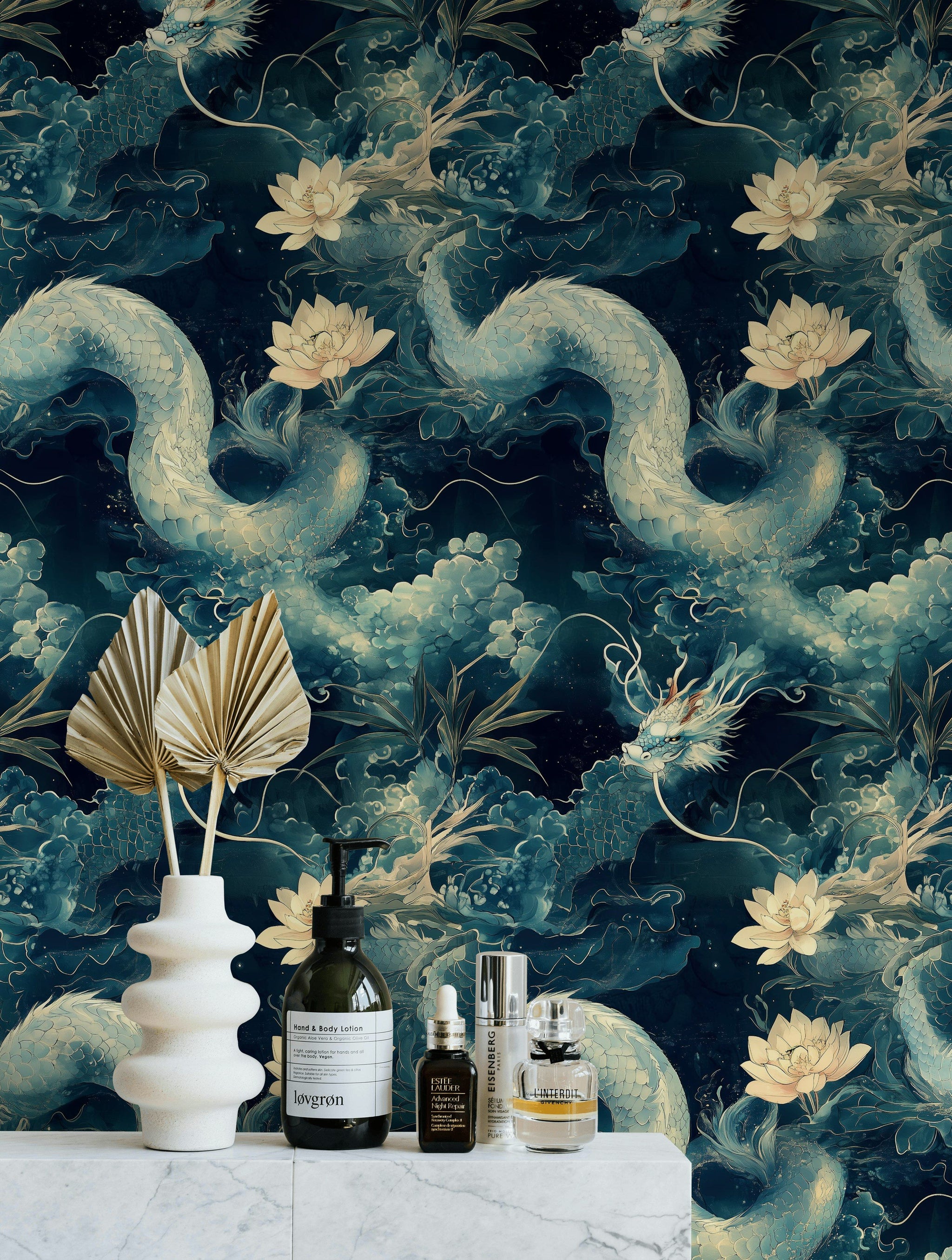 Midnight Blue Dragon and Lotus Chinoiserie Wallpaper